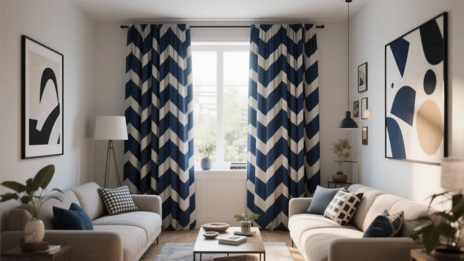 Modern living room with blue and white pattern curtains two sofas coffee table and wall art