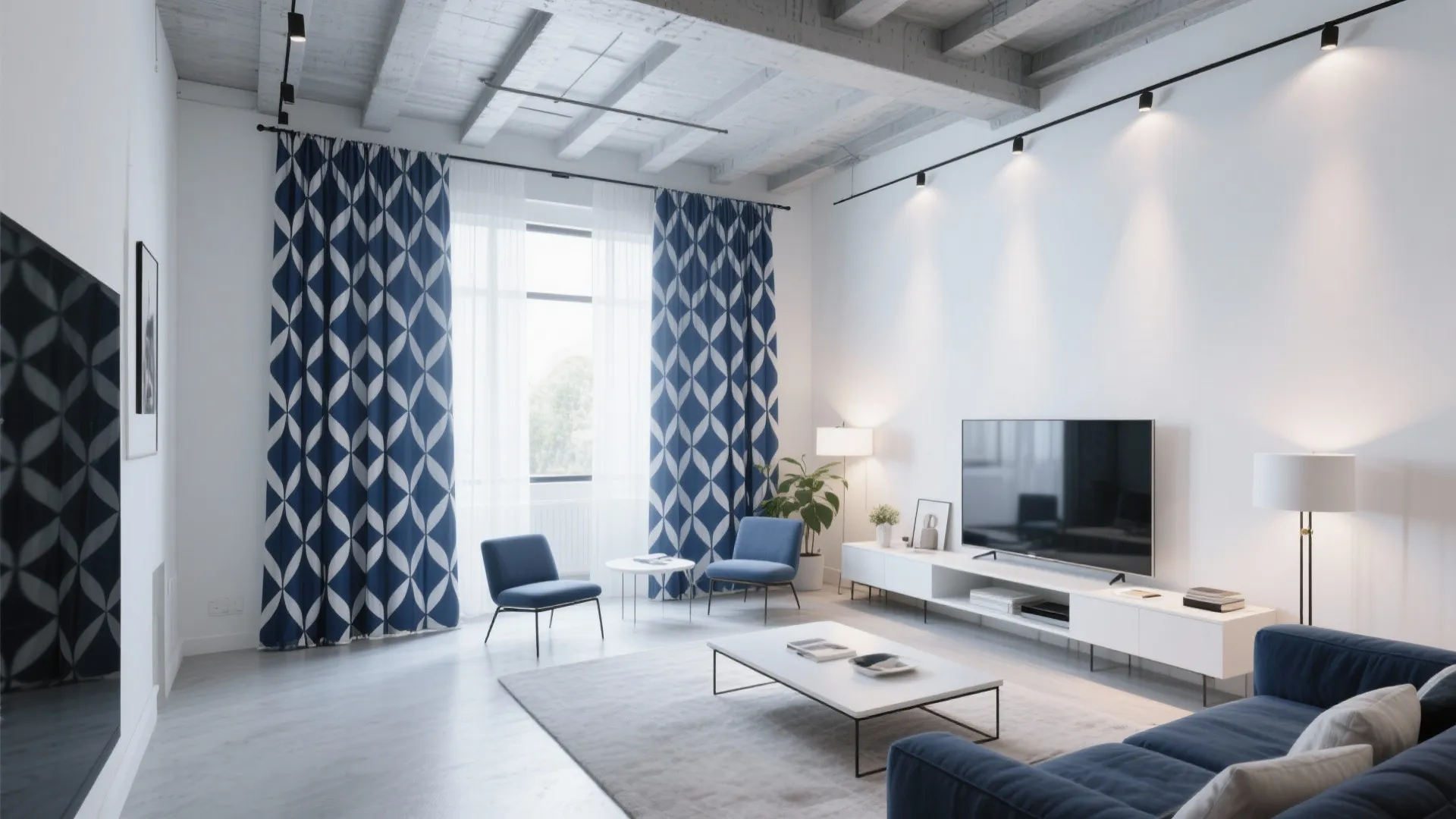 Spacious living room featuring blue sofa white furniture and blue white geometric pattern window curtains design