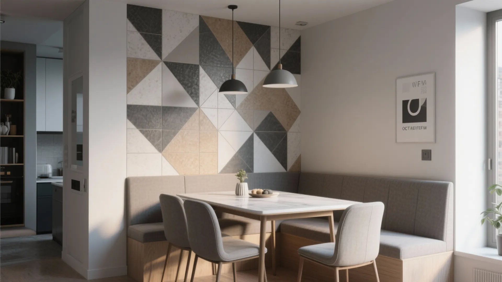 Modern dining area with geometric wall tiles a marble table and grey fabric seating bench
