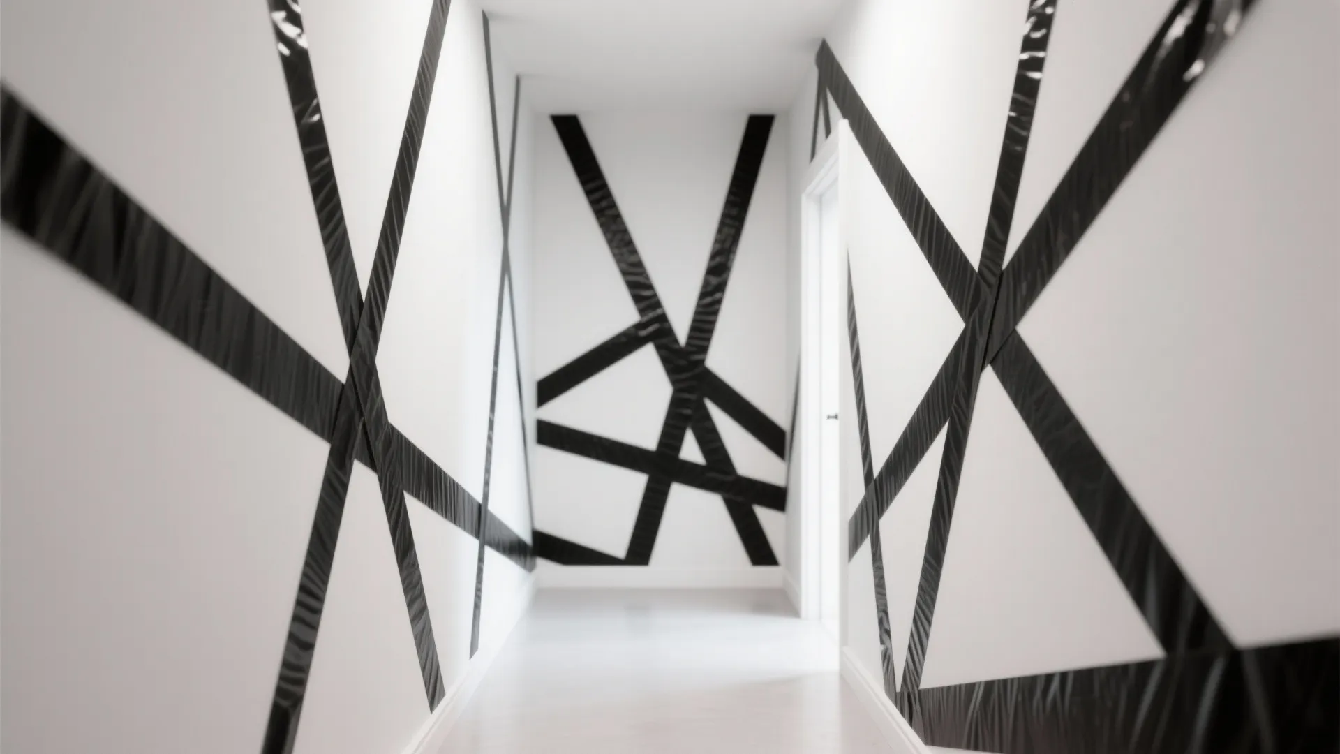 White hallway with black tape geometric patterns on walls creating a bold and modern artistic look