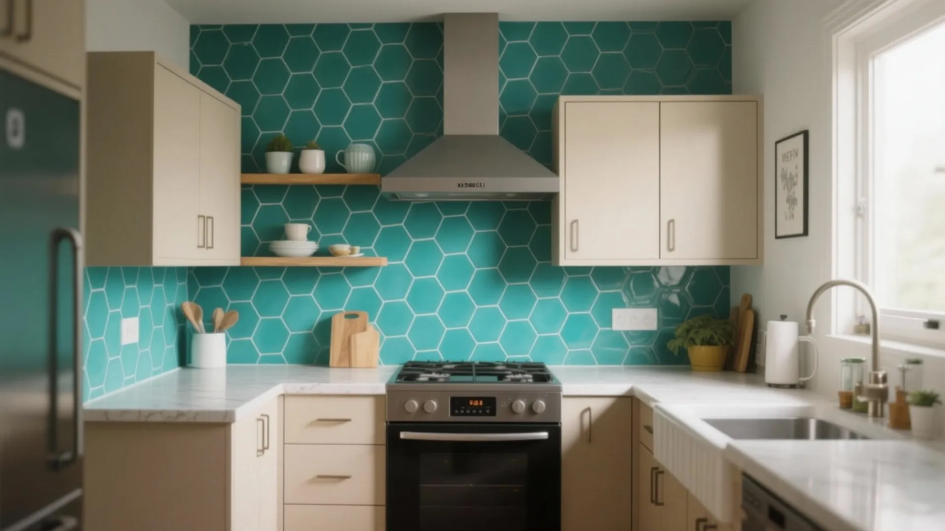 Modern kitchen with teal hexagon wall tiles beige cabinets white marble countertops and silver gas oven