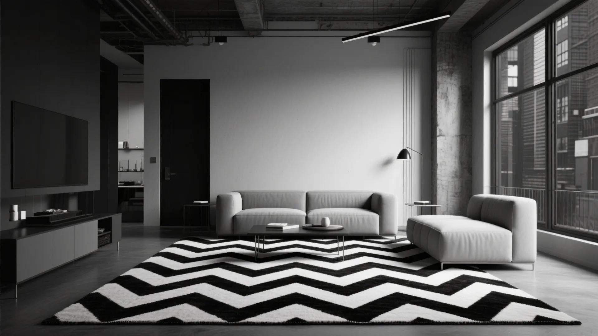 Modern living room featuring a bold black and white zigzag rug with grey sofa and television
