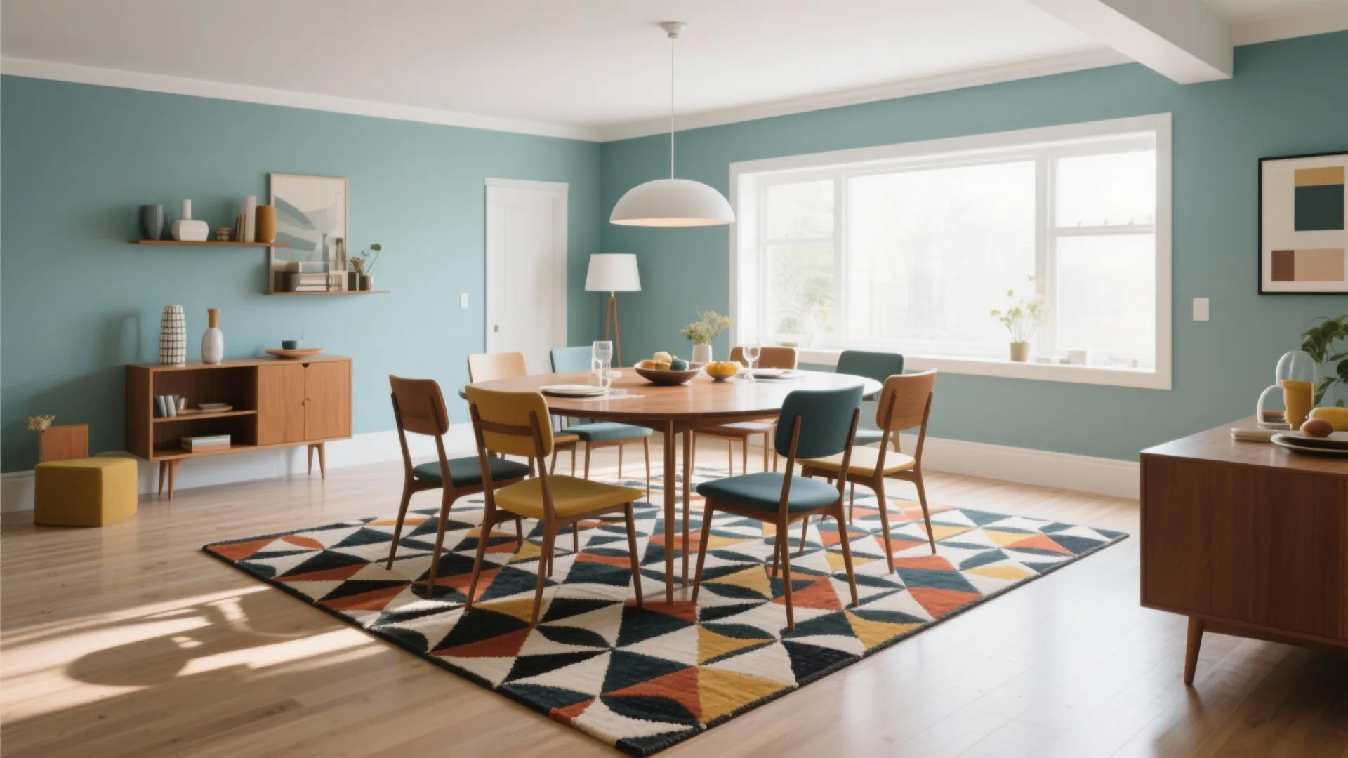 Modern dining room with blue walls round wooden table colorful geometric rug and large windows