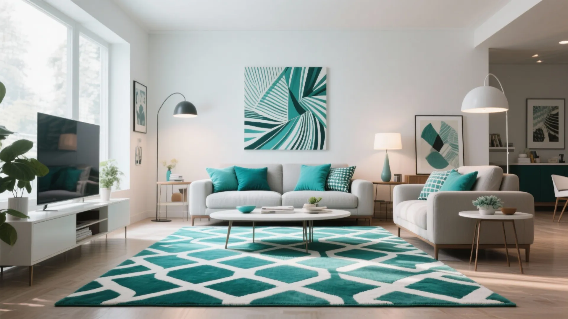 Bright living room with a green and white geometric rug under a white coffee table