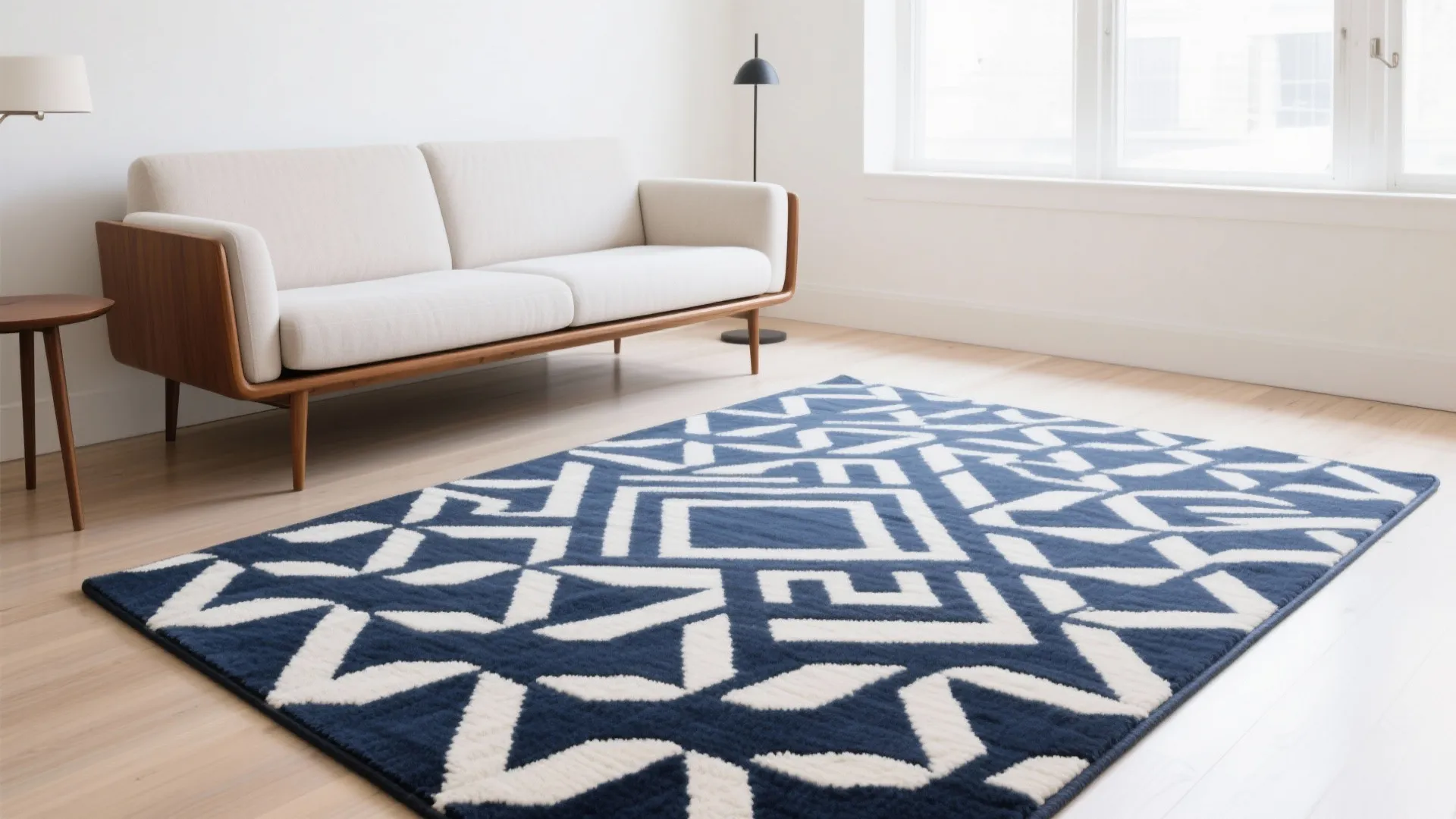 Modern living room featuring a navy blue rug with white geometric patterns beside a sofa