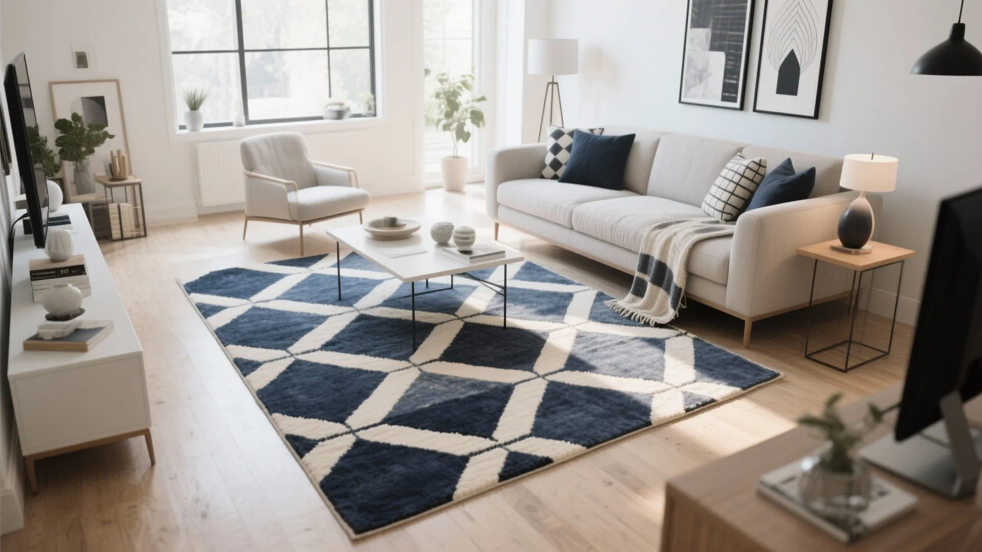 Modern living room featuring a navy blue and white geometric rug with matching decorative sofa pillows