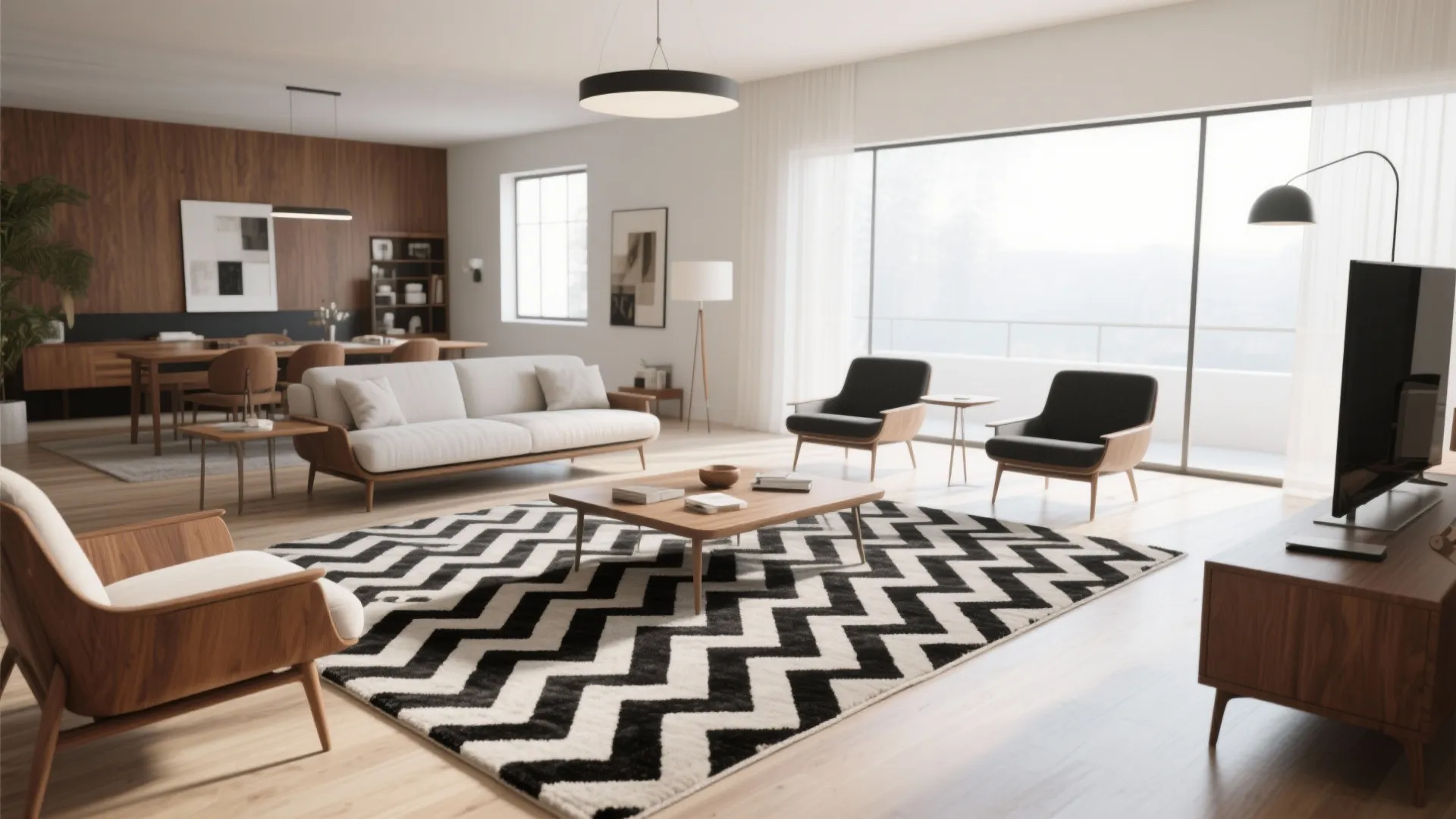Mid-century living room with bold black-and-white herringbone rug