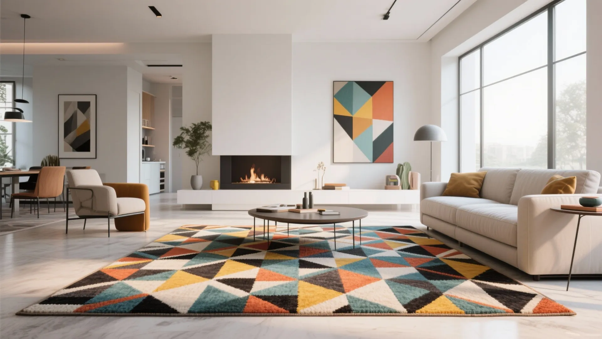 Modern bright living room with colorful geometric rug white sofa black fireplace and large windows design