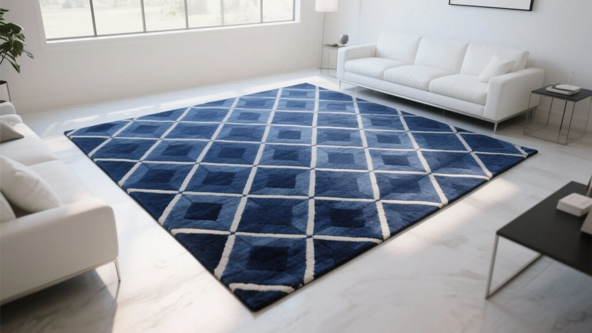 Living room with a bold navy geometric 8x11 rug as the focal point
