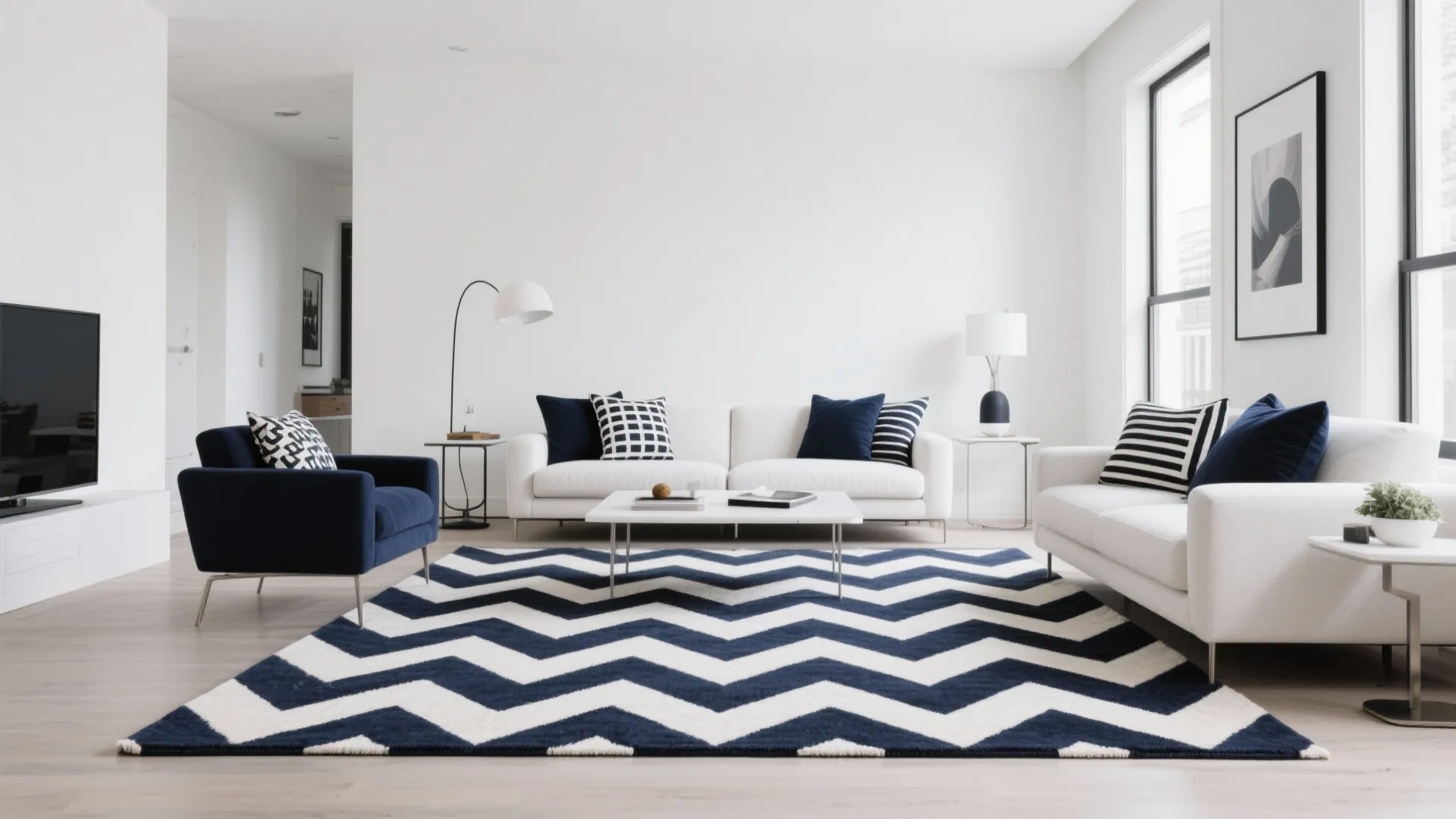 Chevron pattern navy and white rug in a modern living room