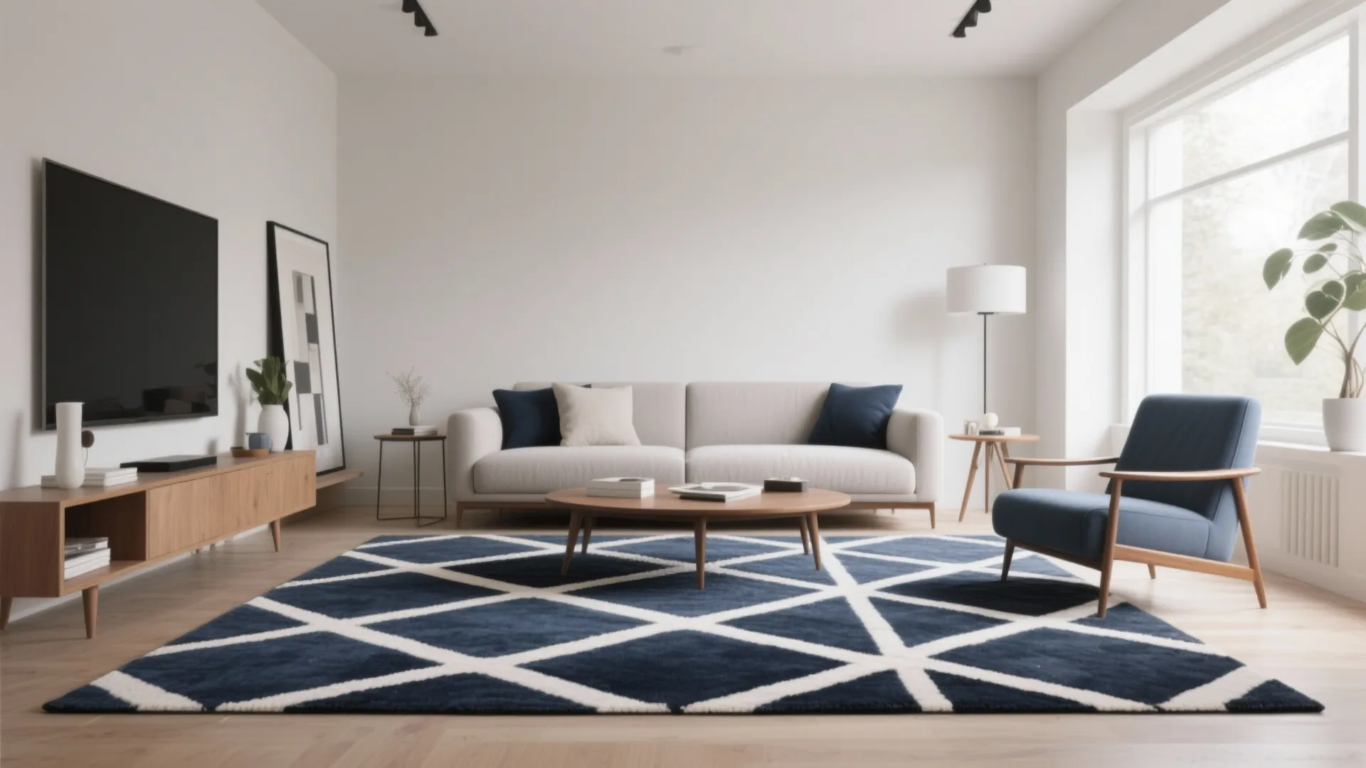 Modern living room featuring a navy blue geometric rug with white lines and beige sofa