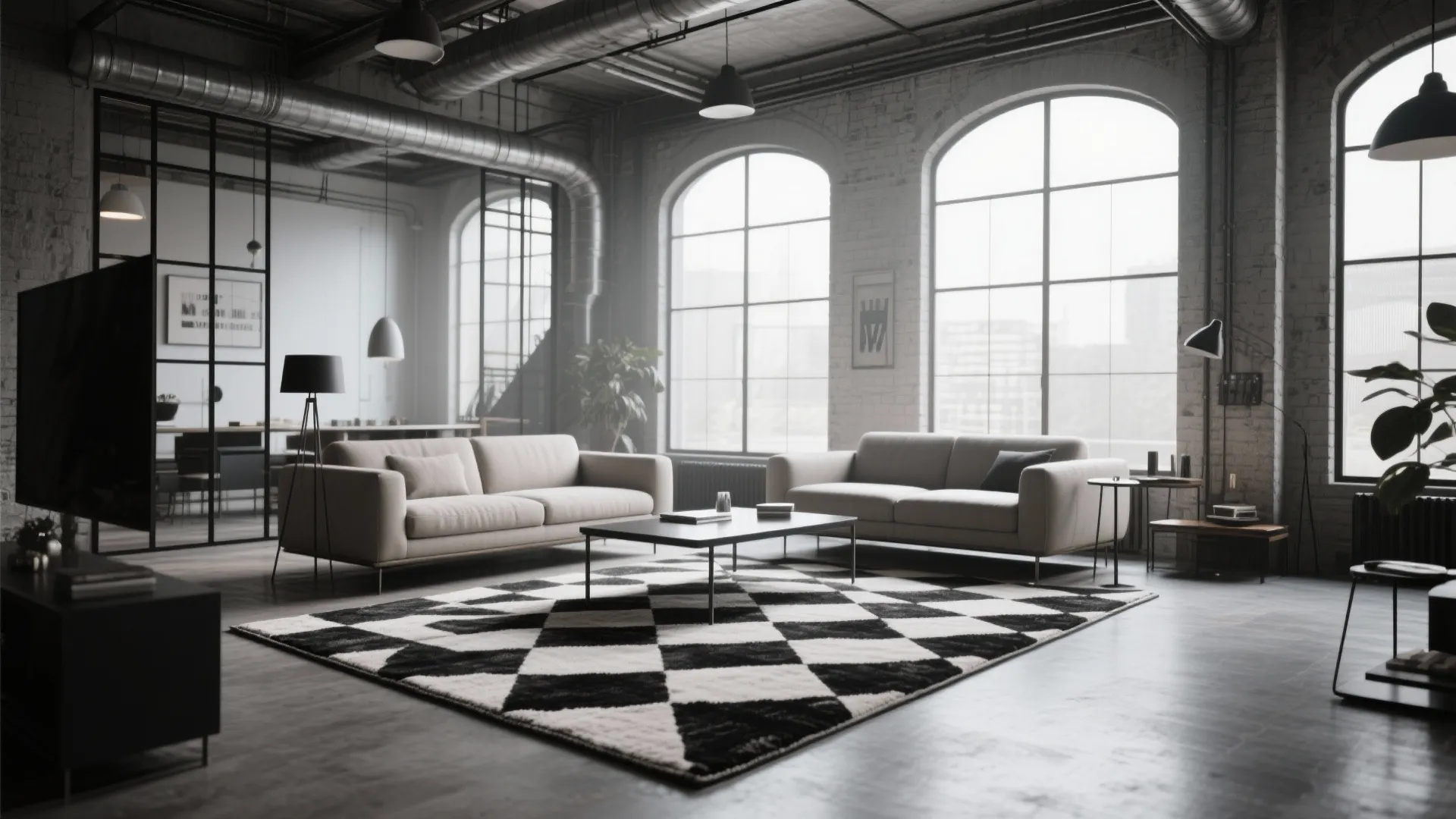 Modern loft living room featuring black and white checkered rug beige sofas and industrial windows