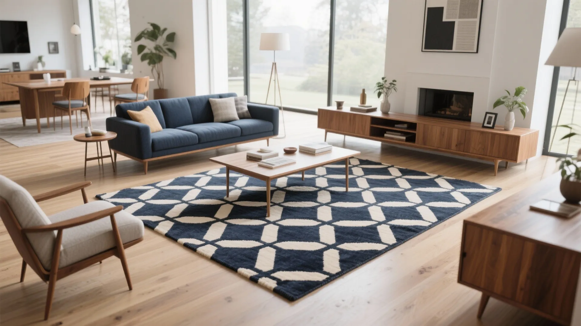 Modern living room with blue sofa wooden coffee table and large blue white geometric rug