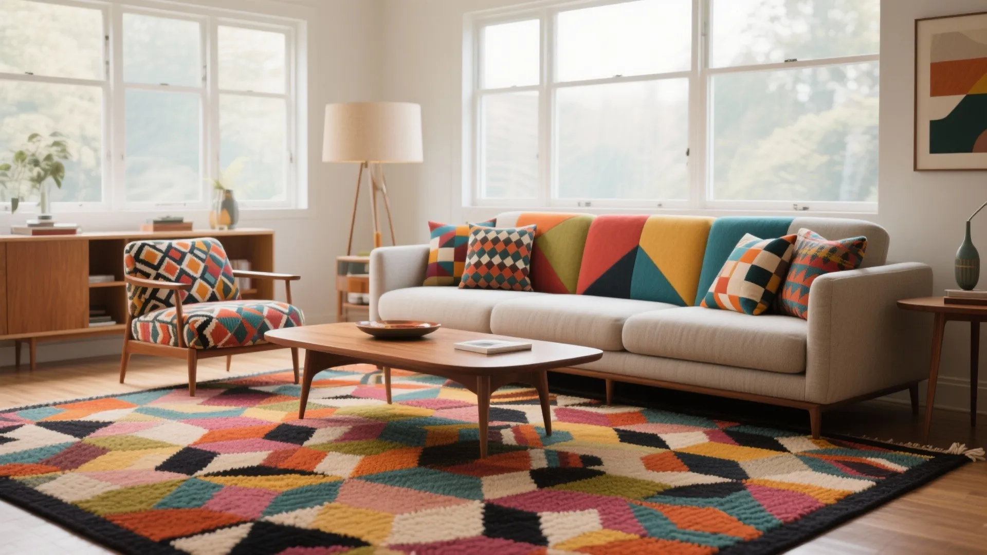 Bright living room with colorful geometric rug, matching sofa pillows, wooden table, and large windows