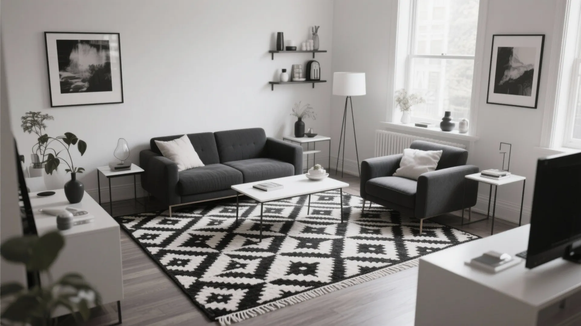 Small living room with black and white geometric 5x7 rug