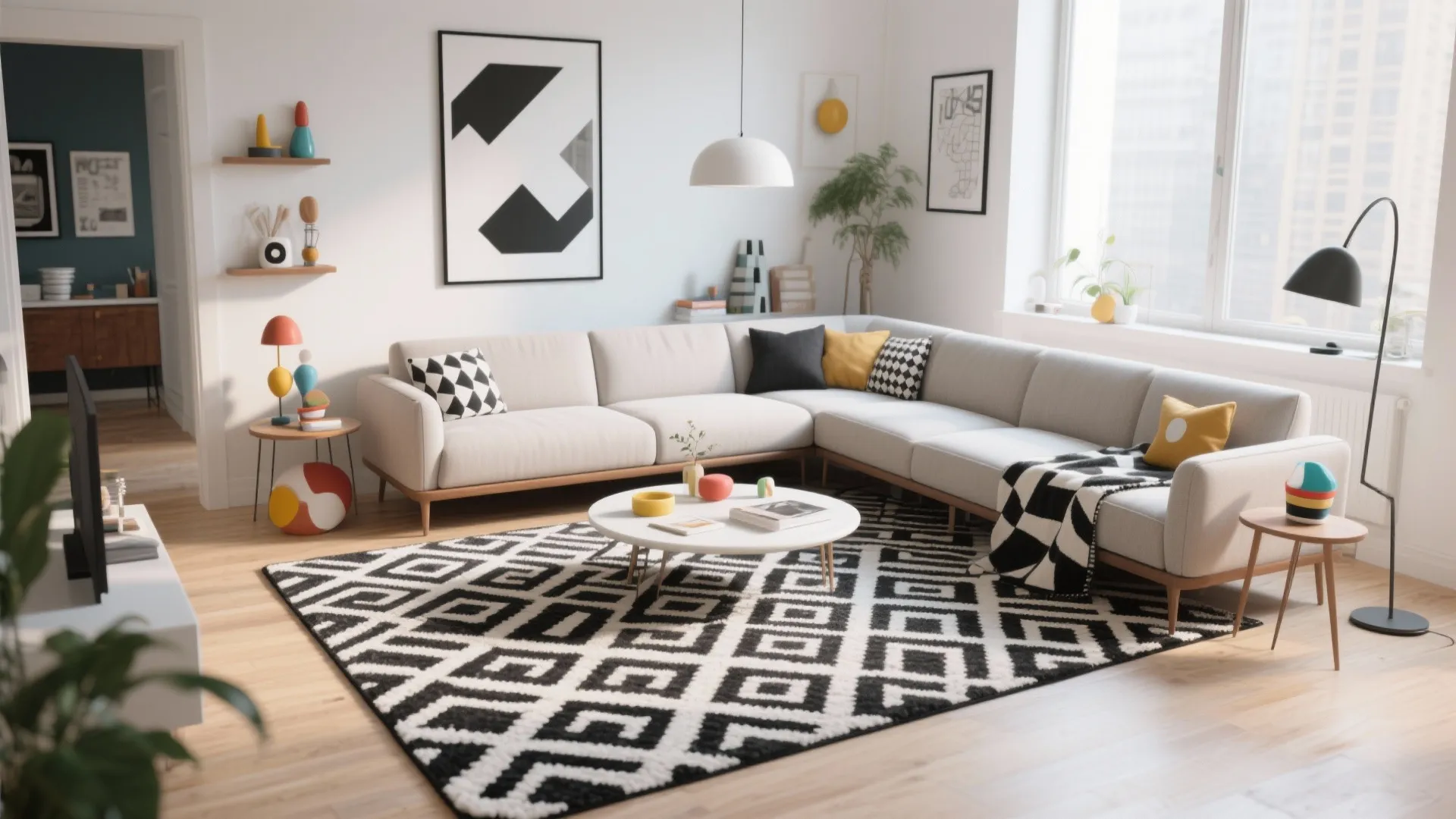 Modern living room with white sofa and colorful pillows on a black white geometric rug