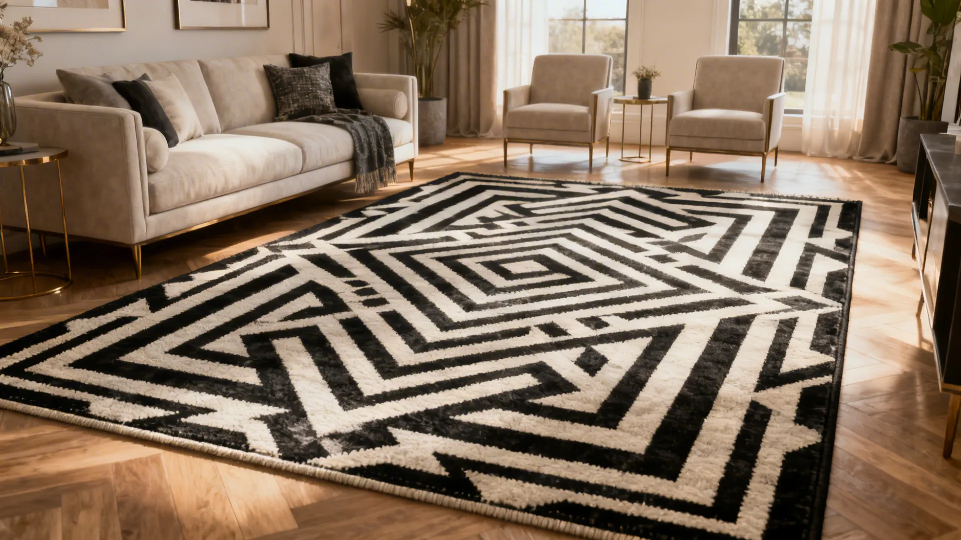 3. Opt for High-Contrast Statement Rugs
