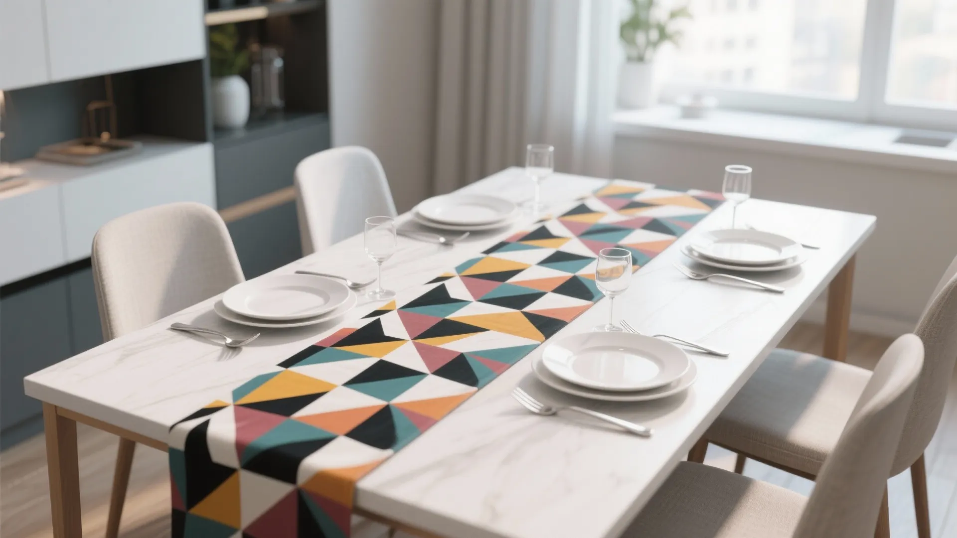 White marble dining table with colorful geometric pattern runner plates glasses and chairs in room