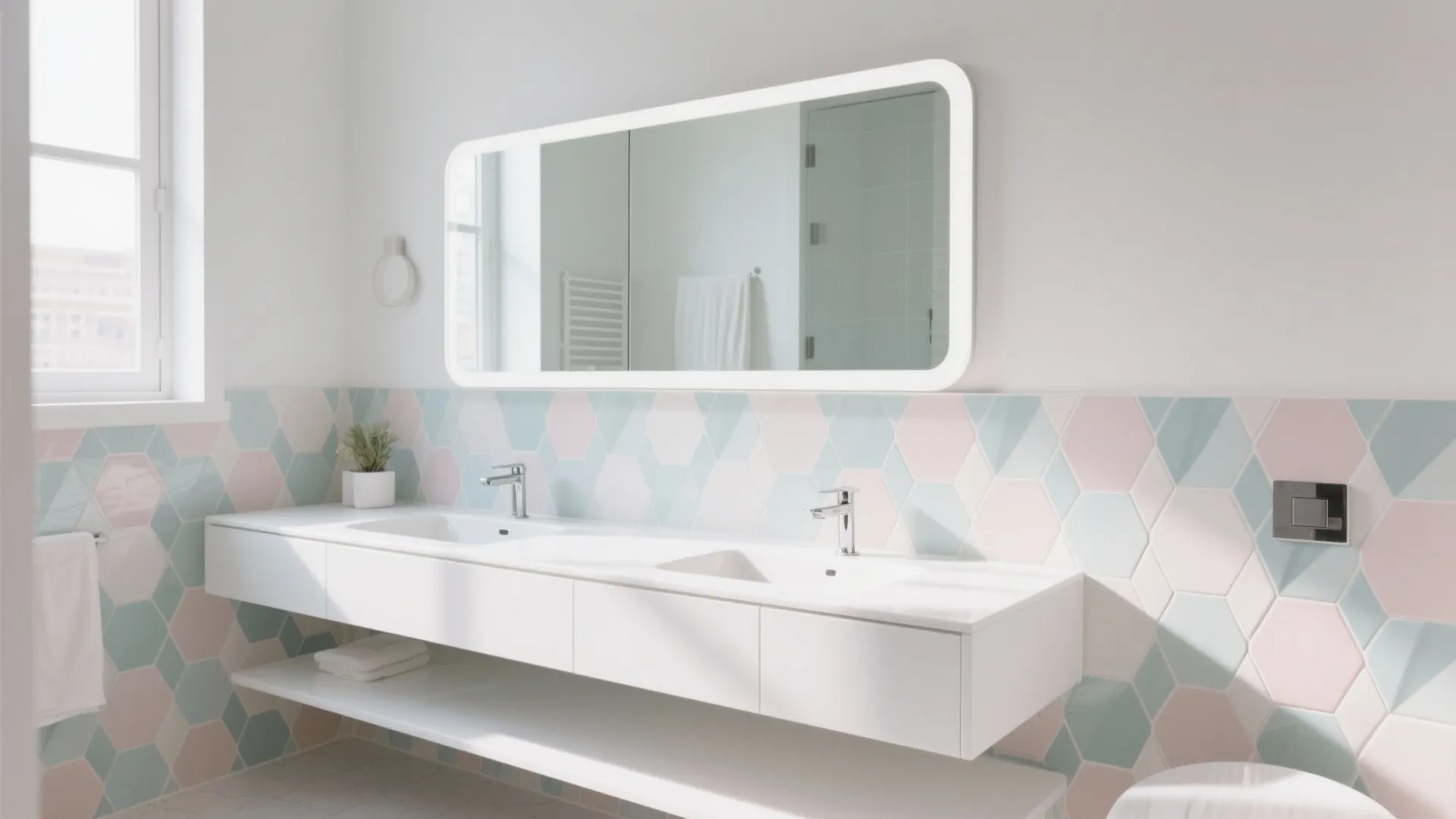 White vanity with bold geometric hexagonal and triangular tiles