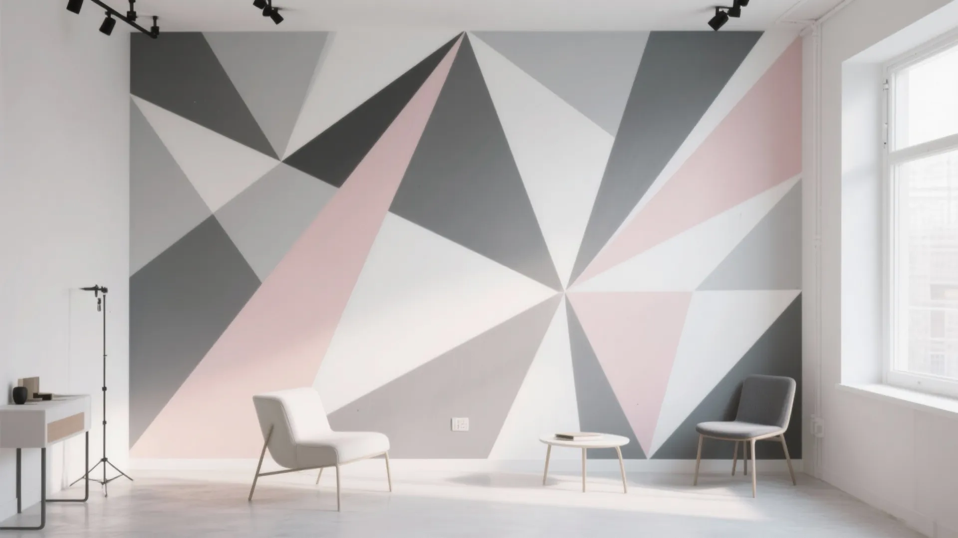 Minimalist room with pink and grey geometric wall pattern, two chairs, and small round table