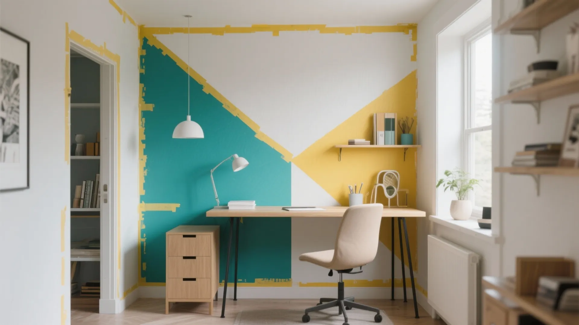 Modern home office area with teal and yellow geometric wall paint and simple wooden desk