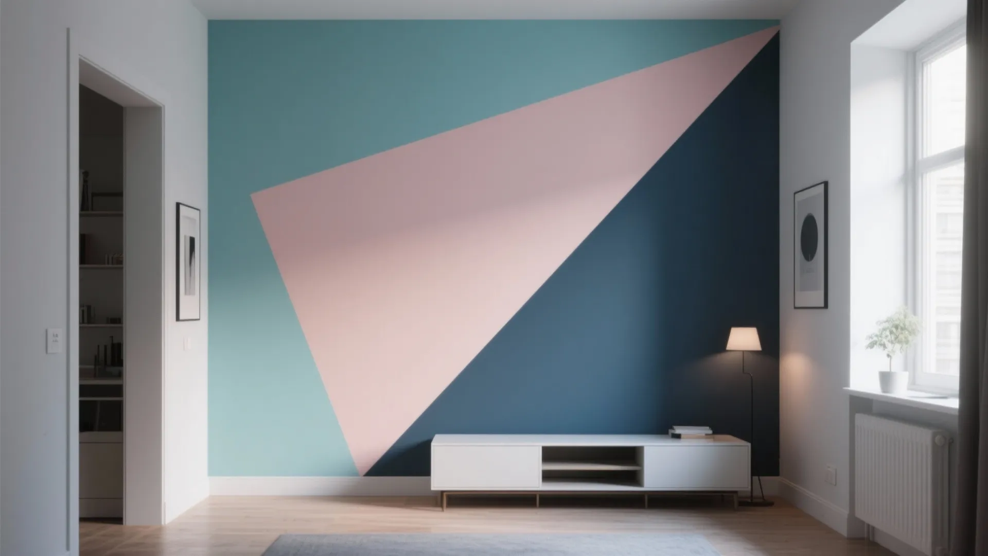 Living room with geometric wall paint white cabinet floor lamp wooden floor and window with sunlight