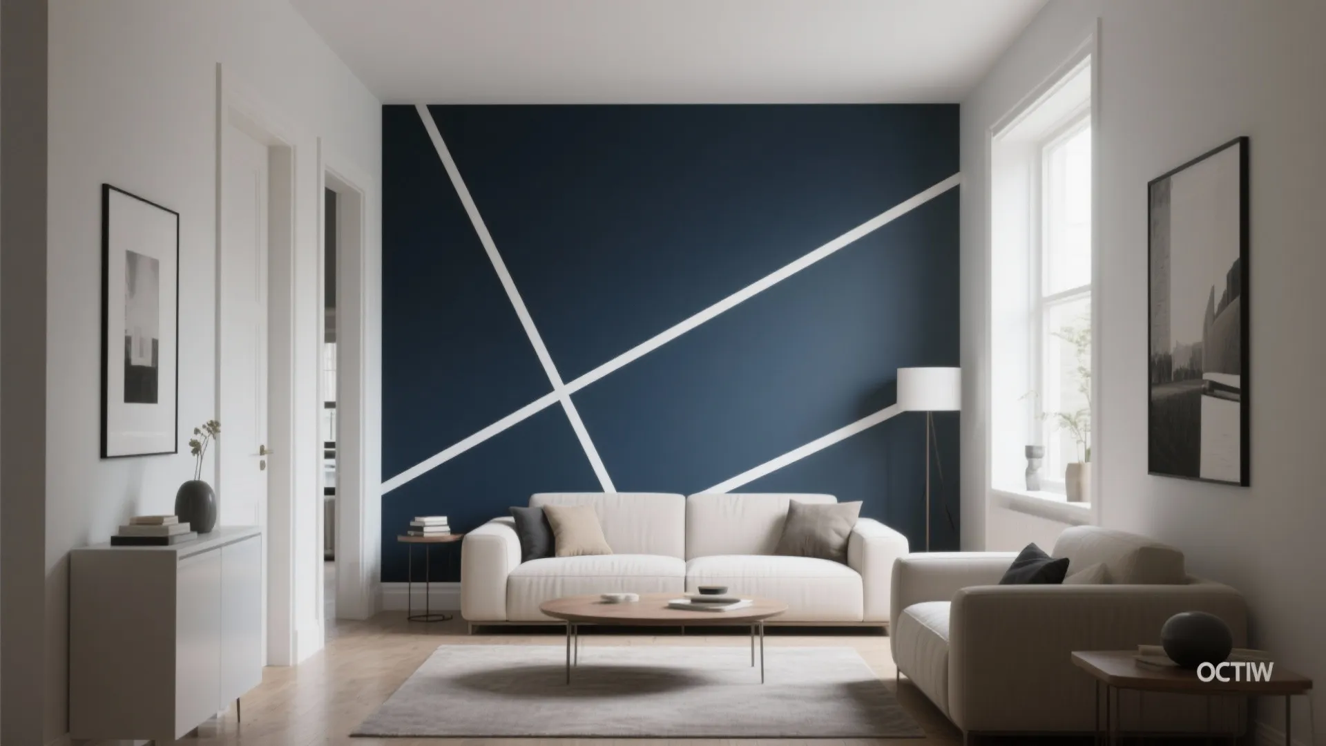 Modern living room with navy blue geometric wall design white sofa wooden table and grey rug