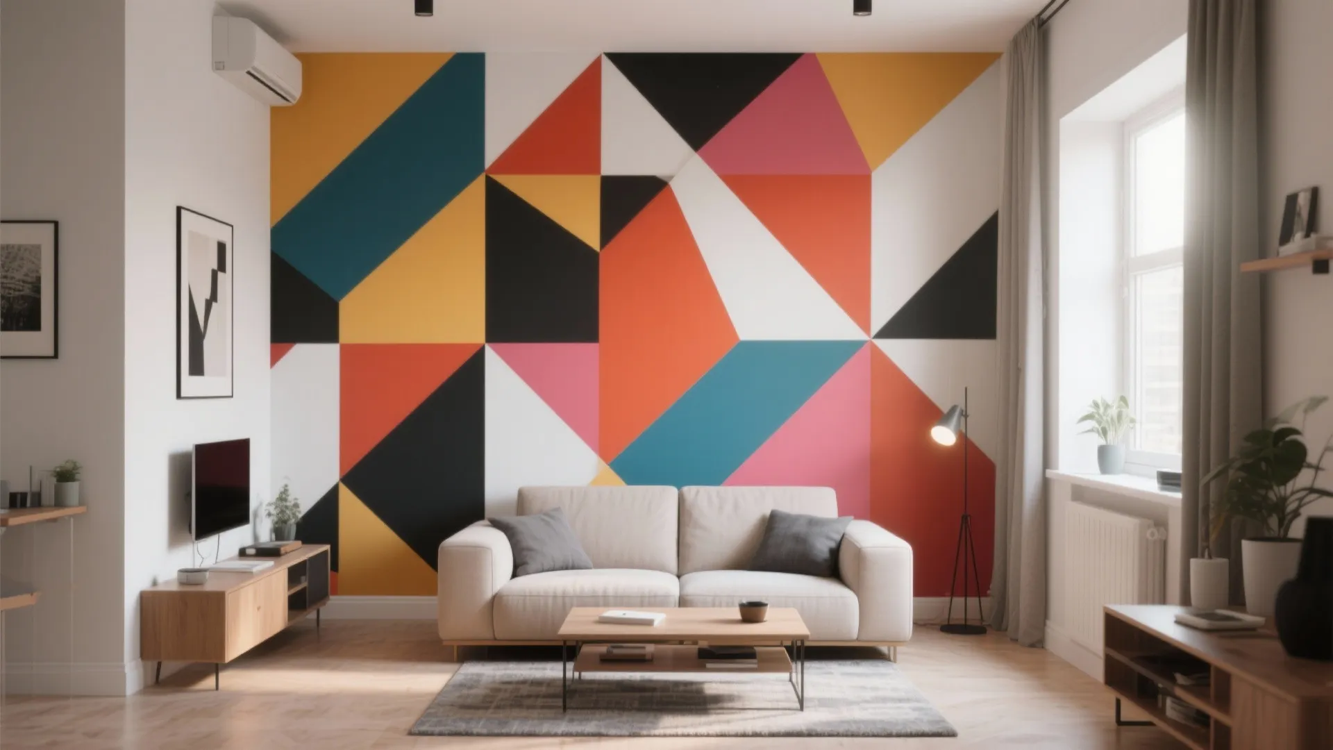 Modern living room with bold geometric wallpaper accent wall and minimal furniture