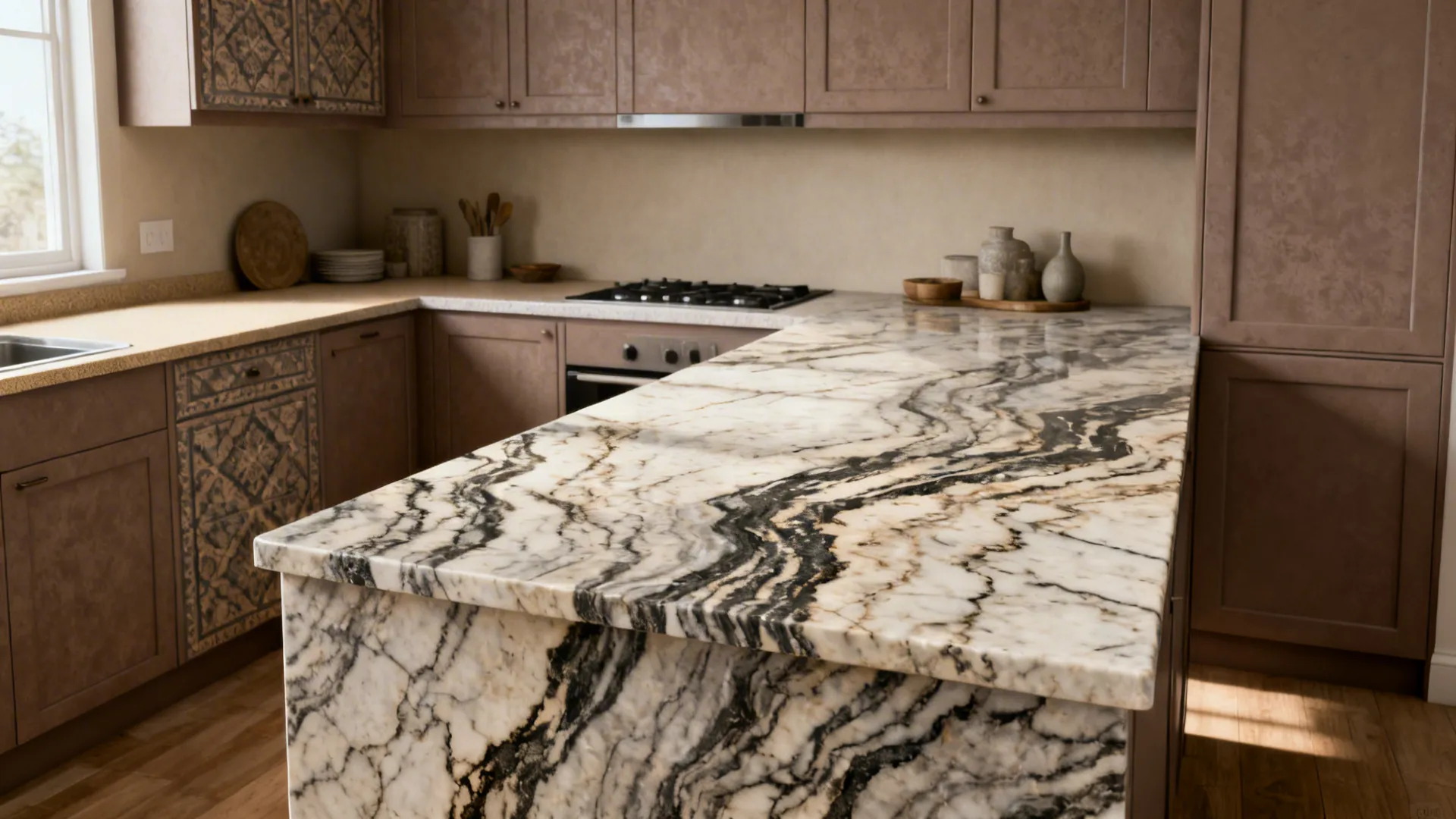 Before-and-after of a compact kitchen upgraded to bold granite with calm cabinets.