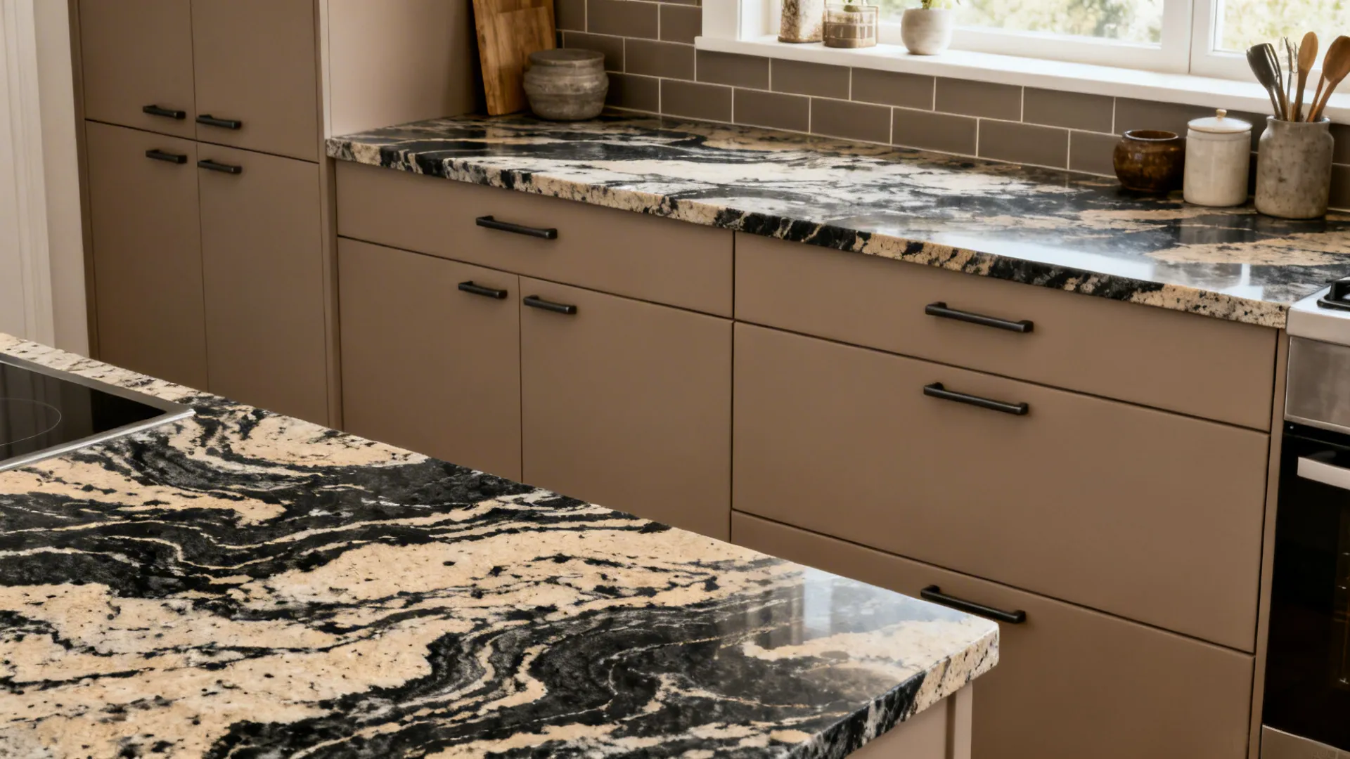 Small kitchen with dramatic high-movement granite and matte mushroom cabinets.