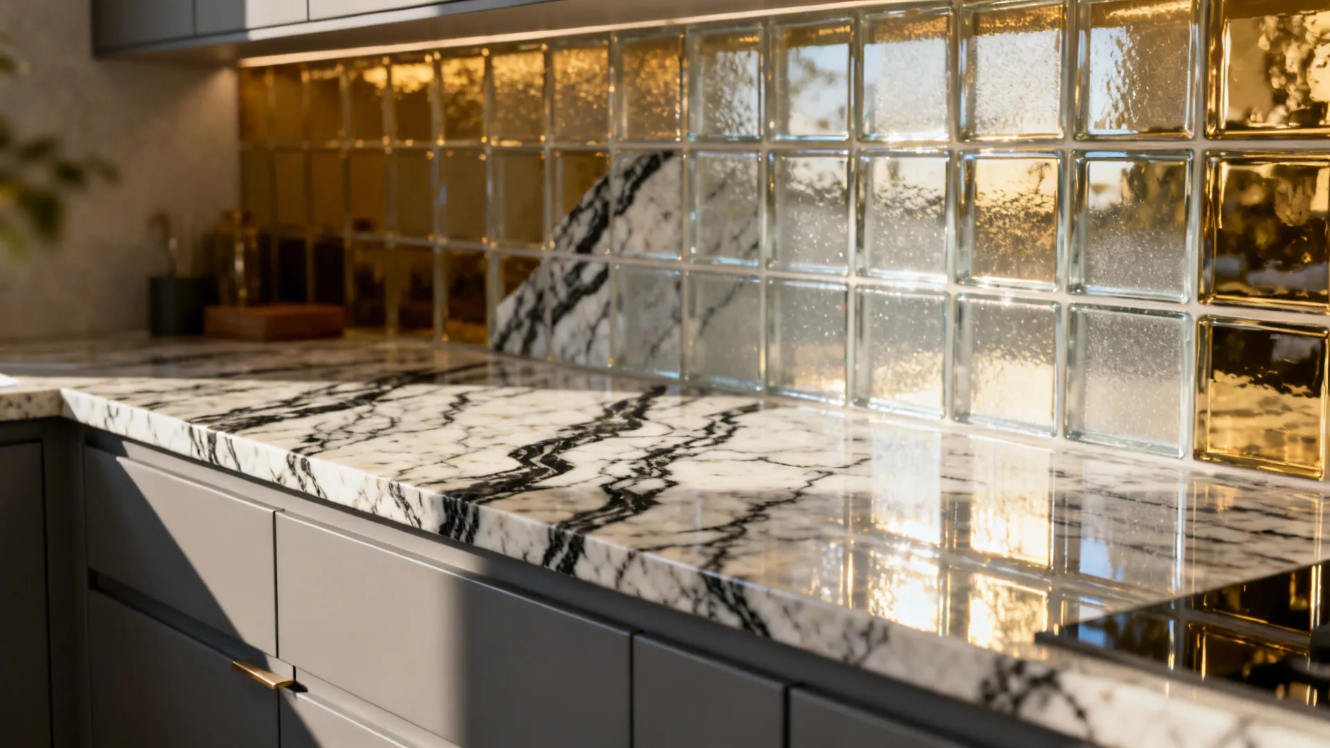 Bold patterned granite countertop paired with a simple frosted glass tile backsplash in a modern kitchen.