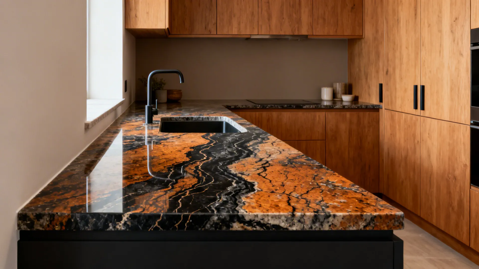 Compact kitchen with high-contrast granite counter featuring dark rivers and warm undertones against minimalist wood cabinets.