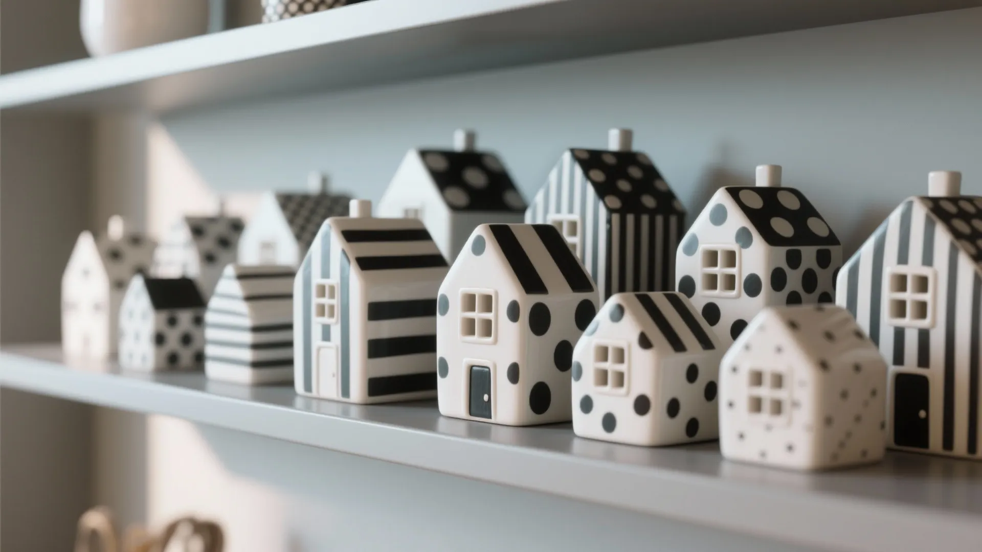 Row of small ceramic houses with black and white stripes and dots on a shelf