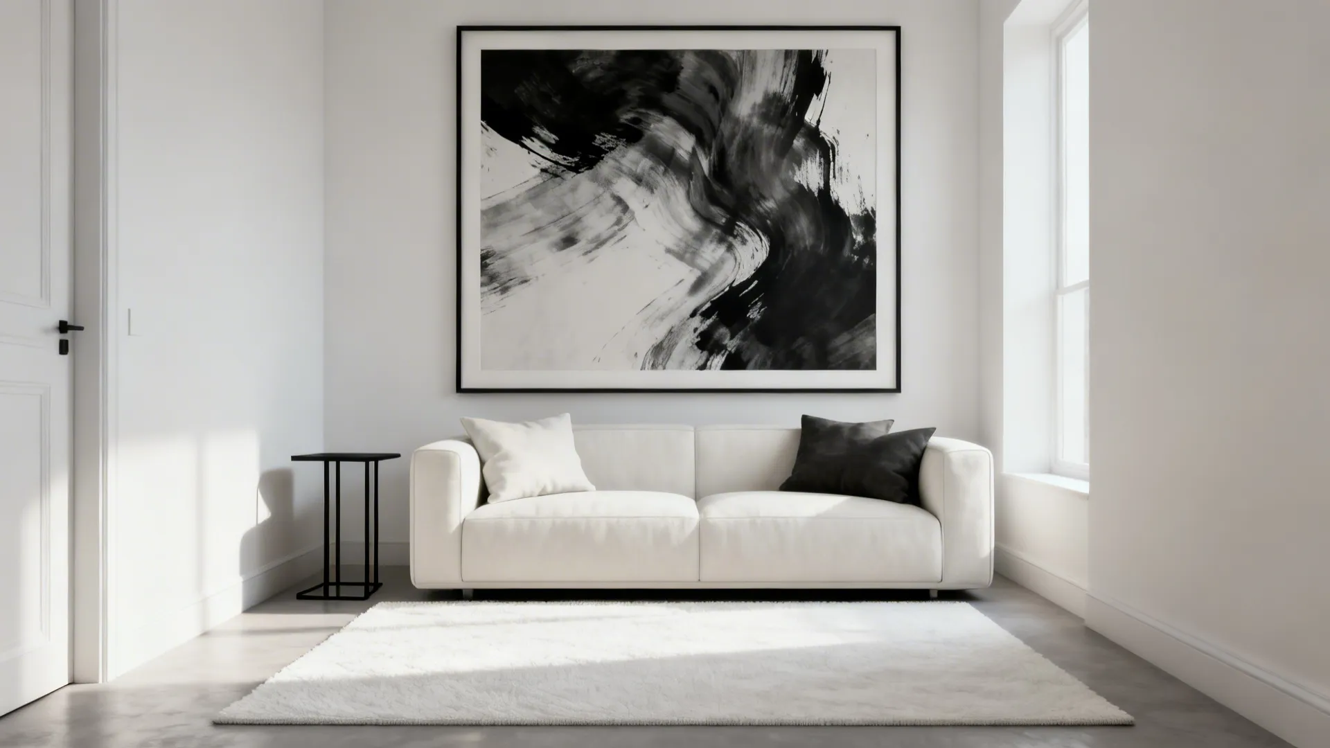 A single oversized black-and-white abstract art anchors a minimal living room.