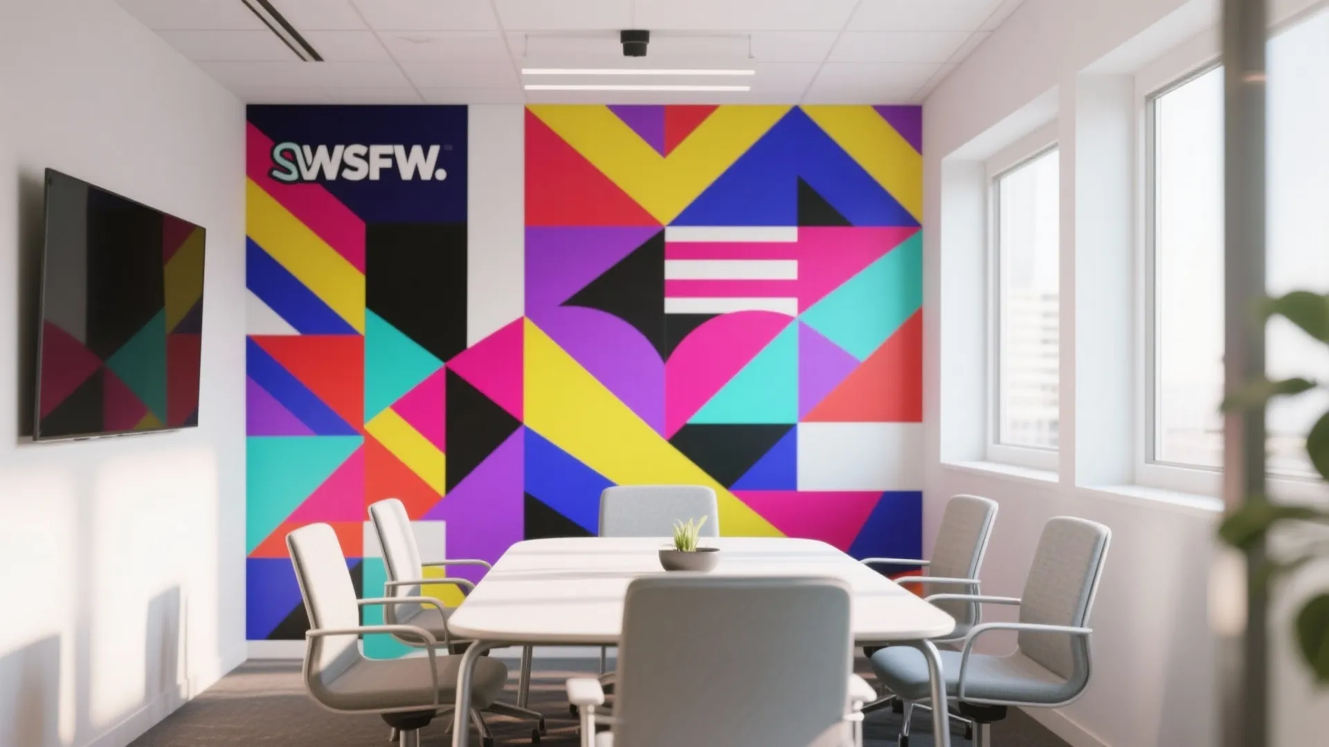 Bright meeting room with white table grey chairs and large colorful geometric mural on wall