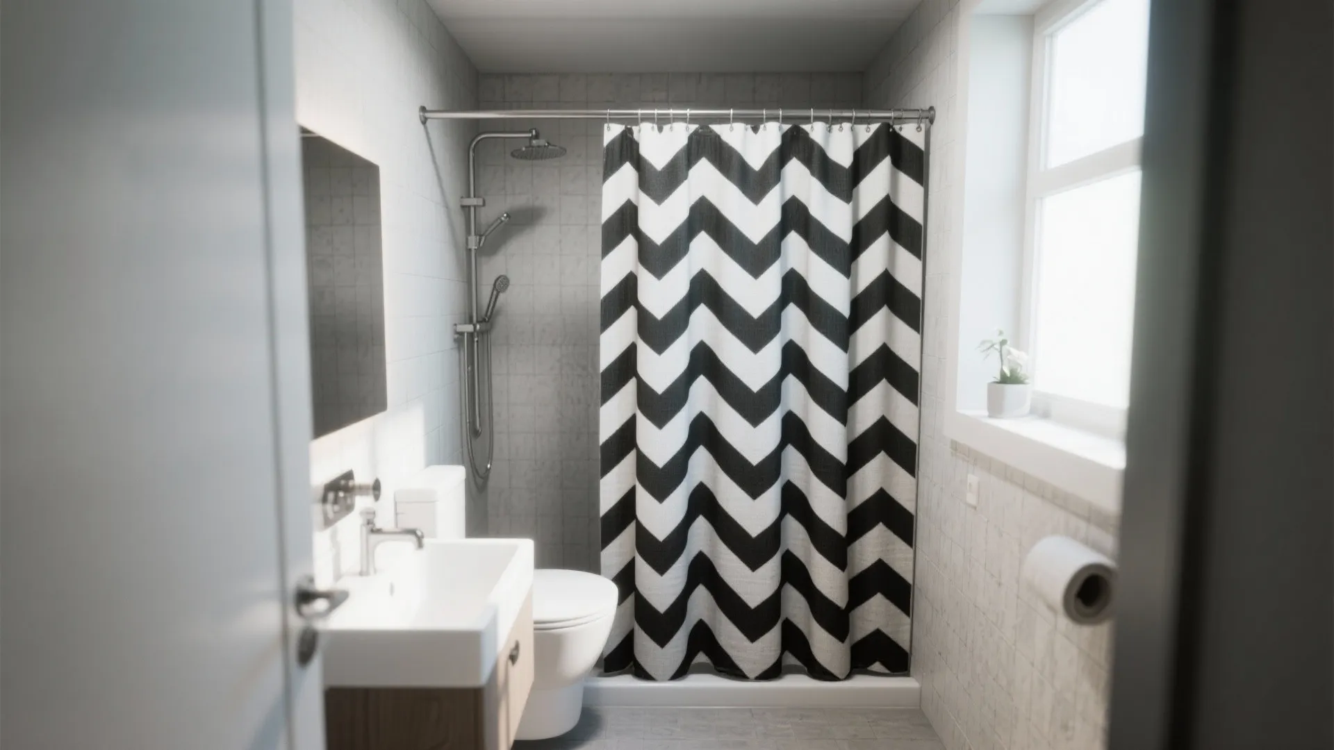 Small white bathroom with black and white zigzag pattern curtain sink toilet and bright window