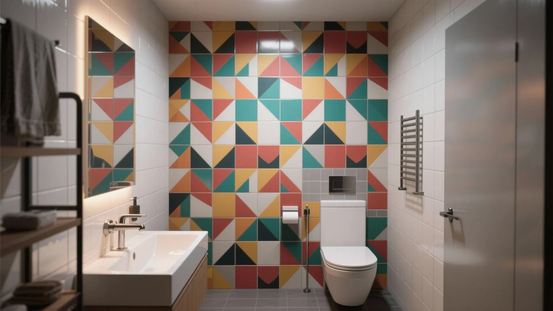Bold geometric tiles as a bathroom accent wall