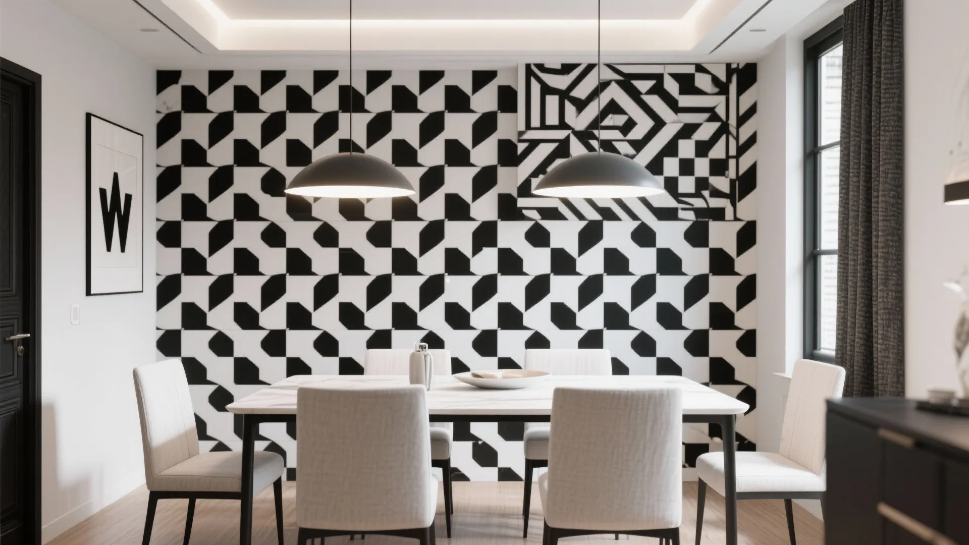 Modern dining room with white table and chairs against black and white geometric pattern wall