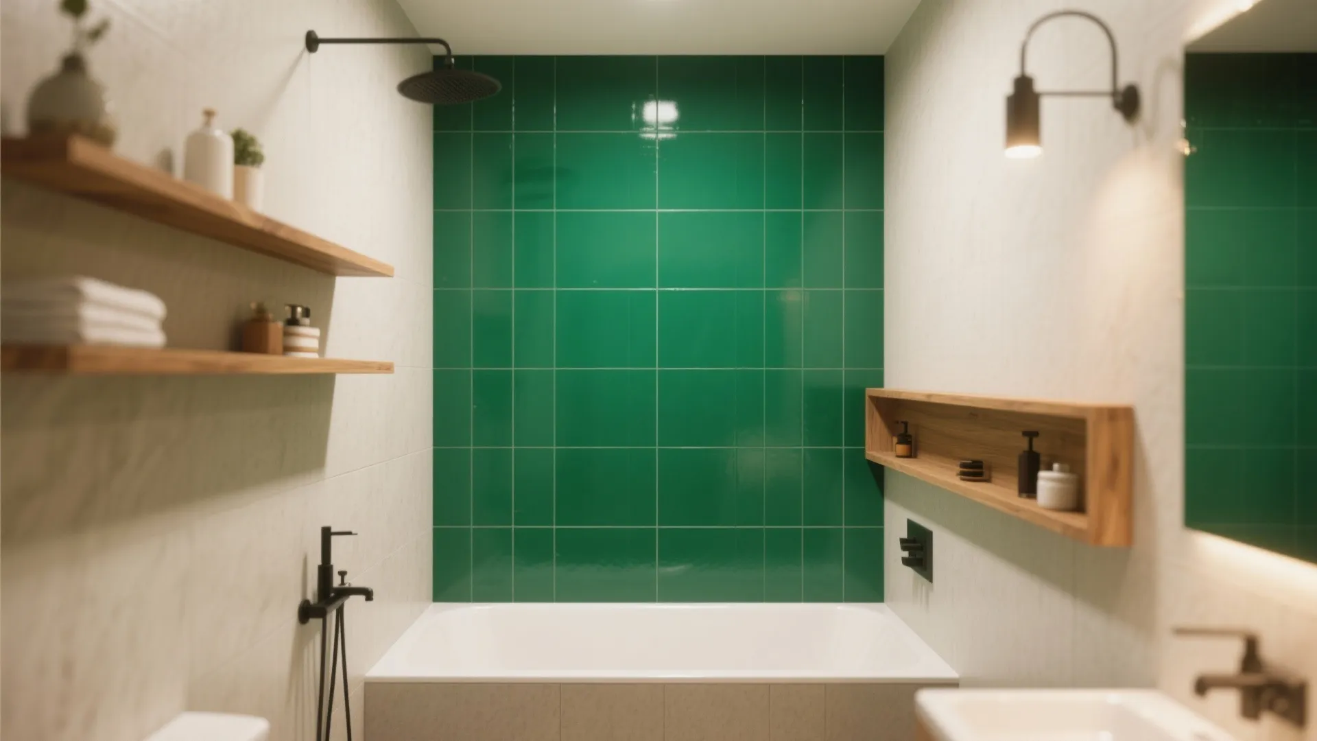 Modern bathroom featuring green wall tiles, white bathtub, wooden wall shelves, and black light fixture