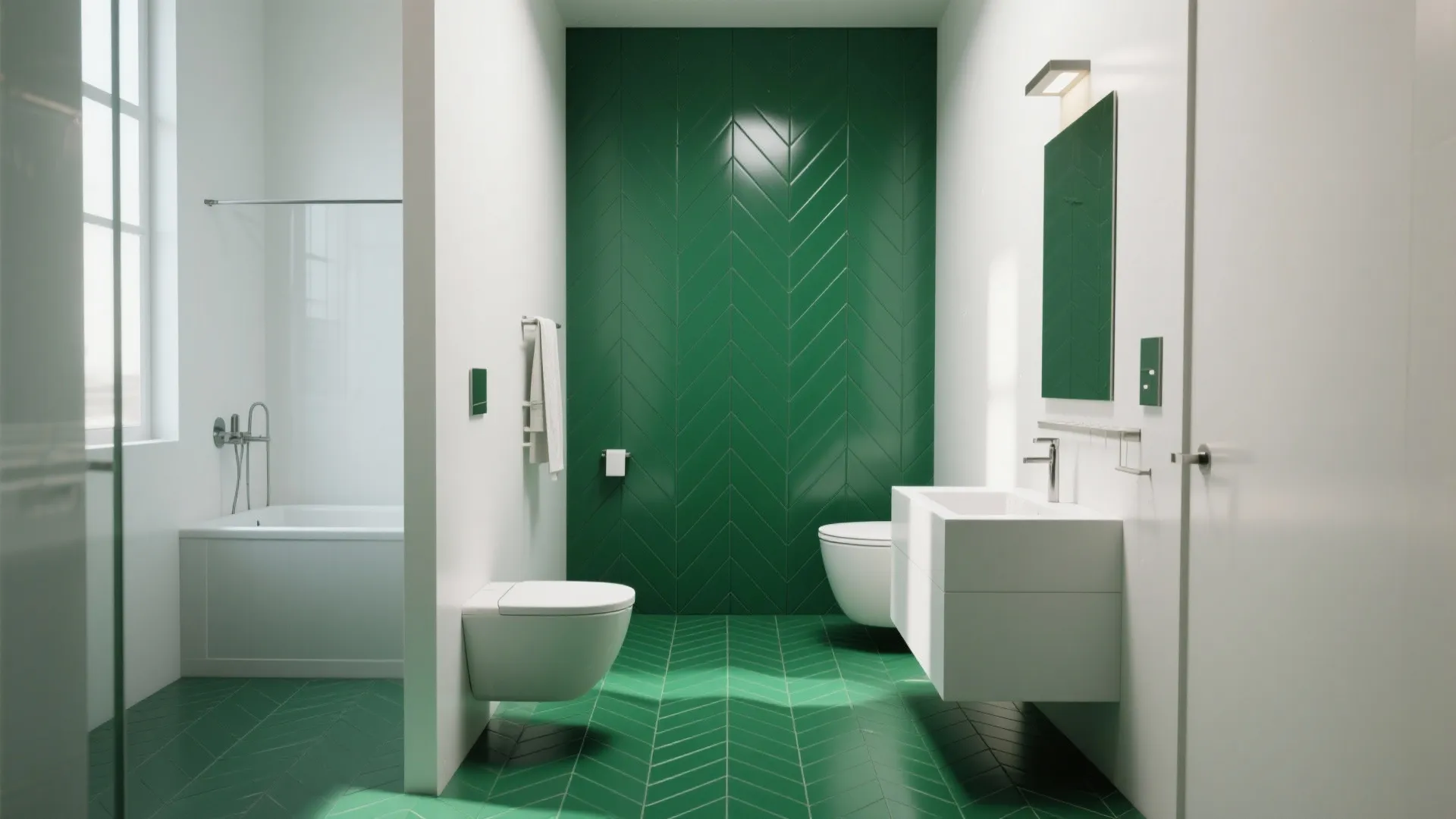 Bright green bathroom with herringbone wall tiles, white bathtub, white toilet, and minimalist sink vanity