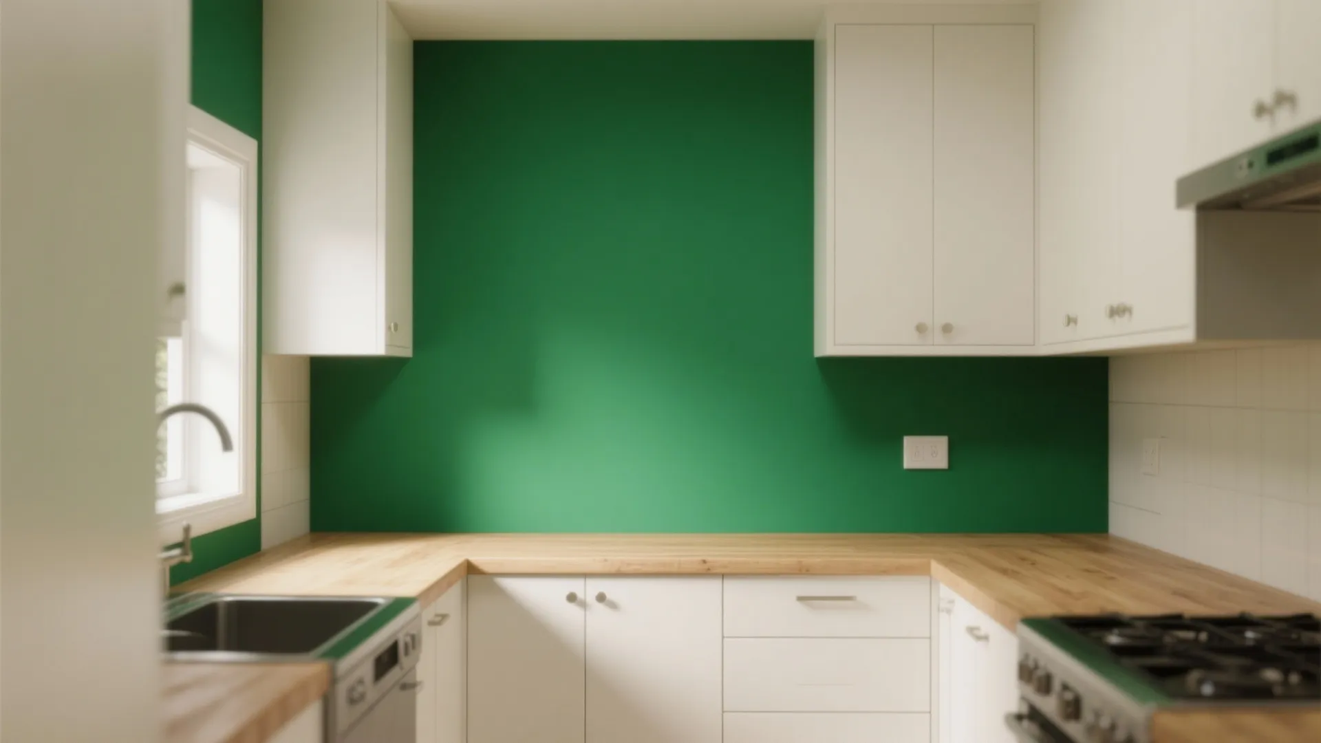 Small kitchen with bold emerald green accent wall