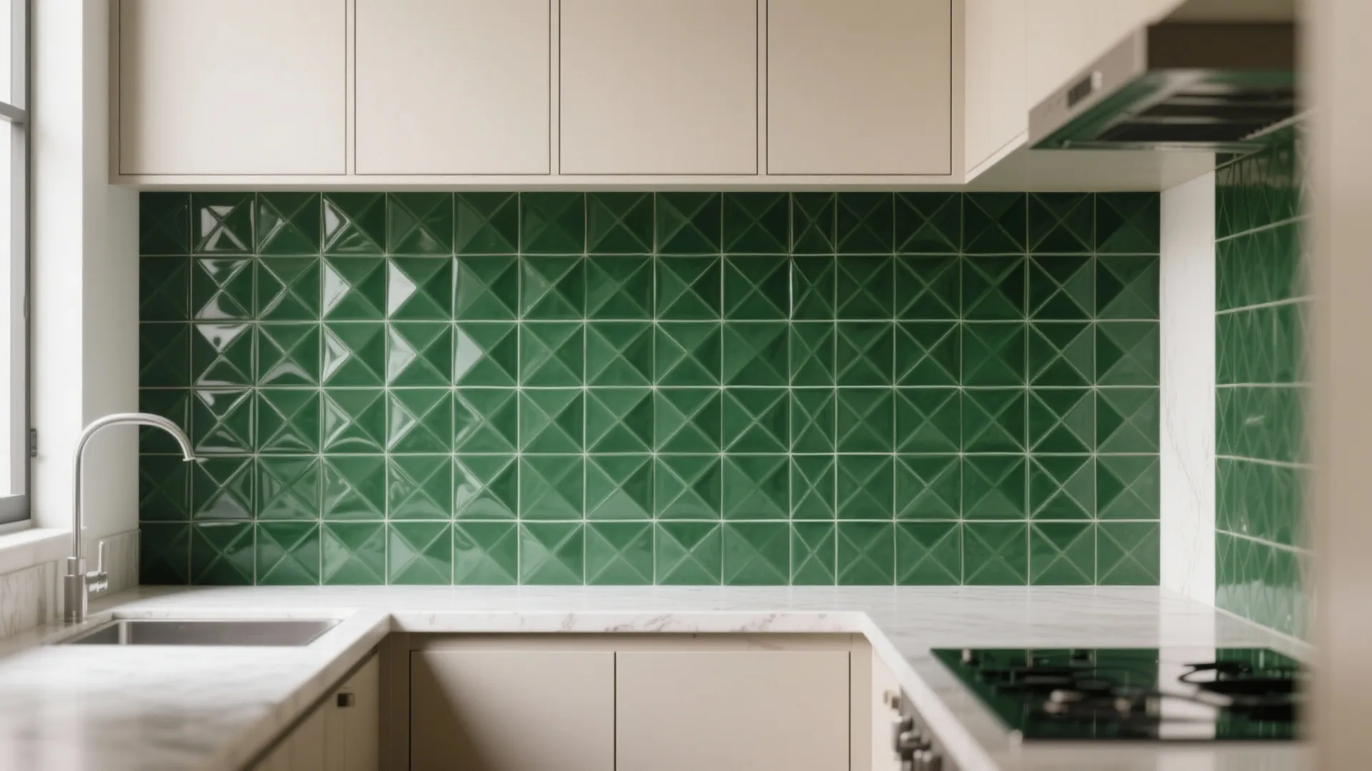 Kitchen wall featuring dark green textured tiles with white countertop light cabinets and silver faucet