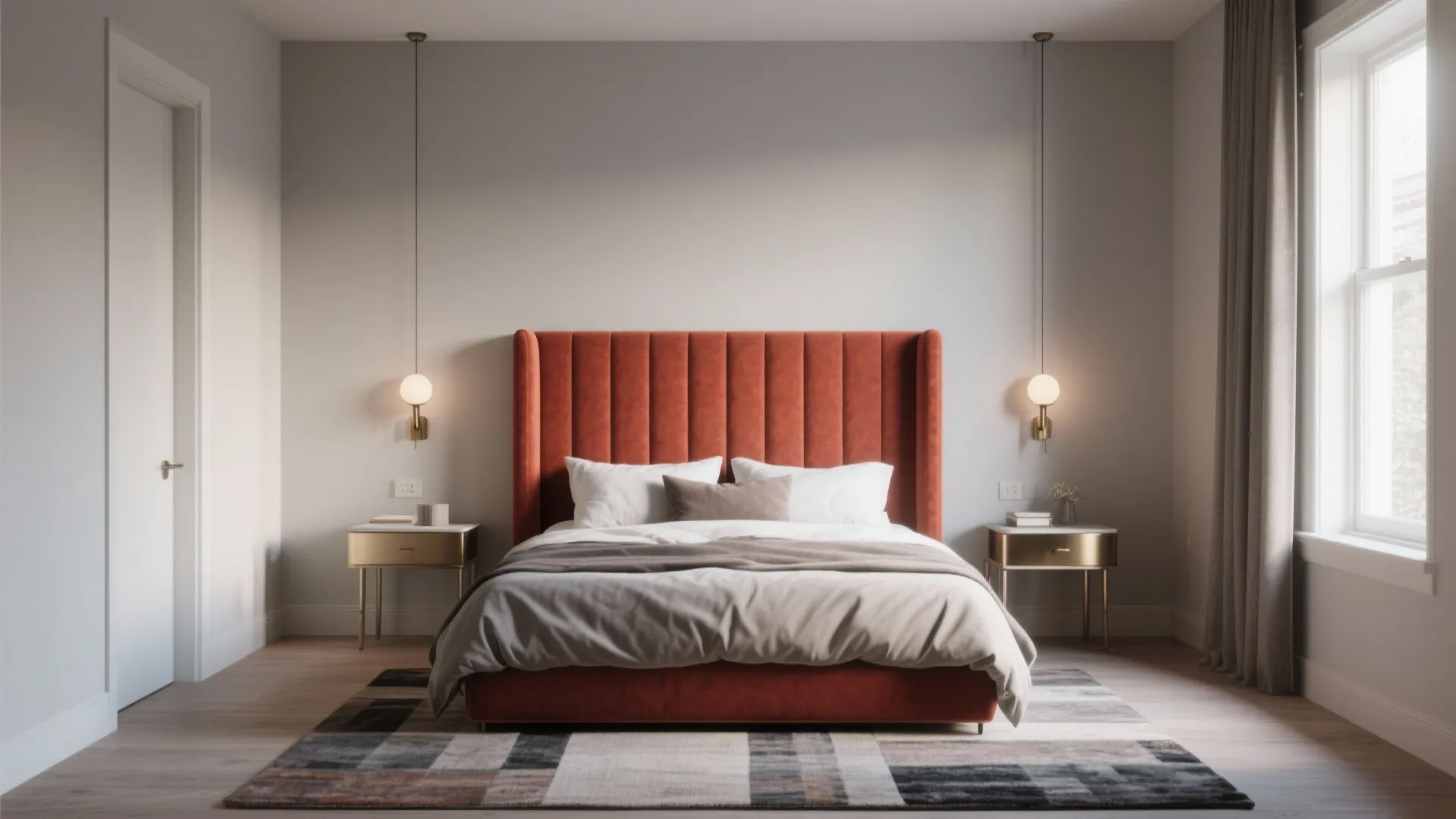 Modern bedroom featuring a bold orange bed with two hanging light fixtures and small cabinets