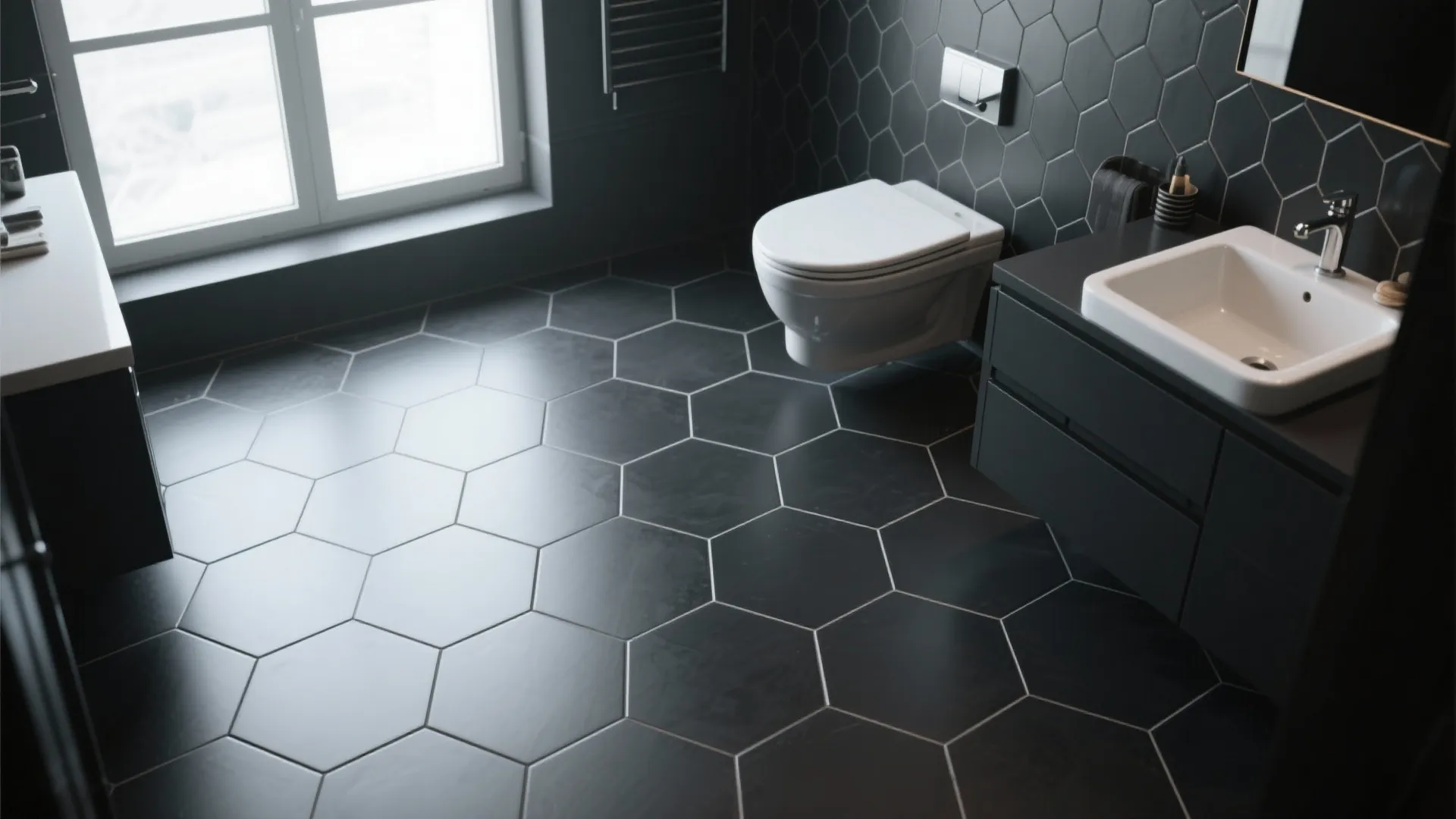 Modern bathroom with black hexagon floor tiles white toilet grey cabinet and white washroom sink