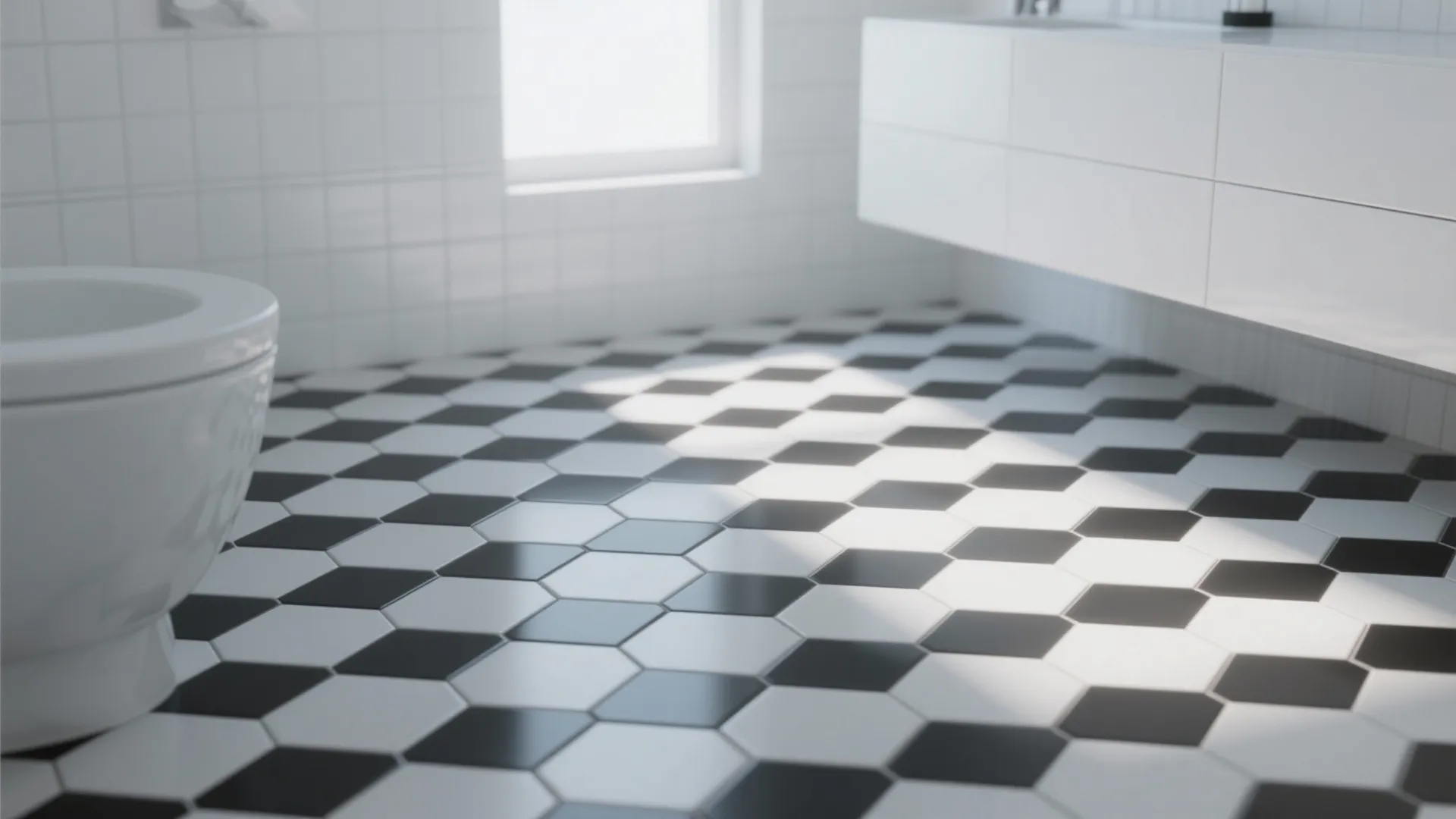 Bathroom floor with black and white hexagon tiles next to a white toilet and wall cabinet