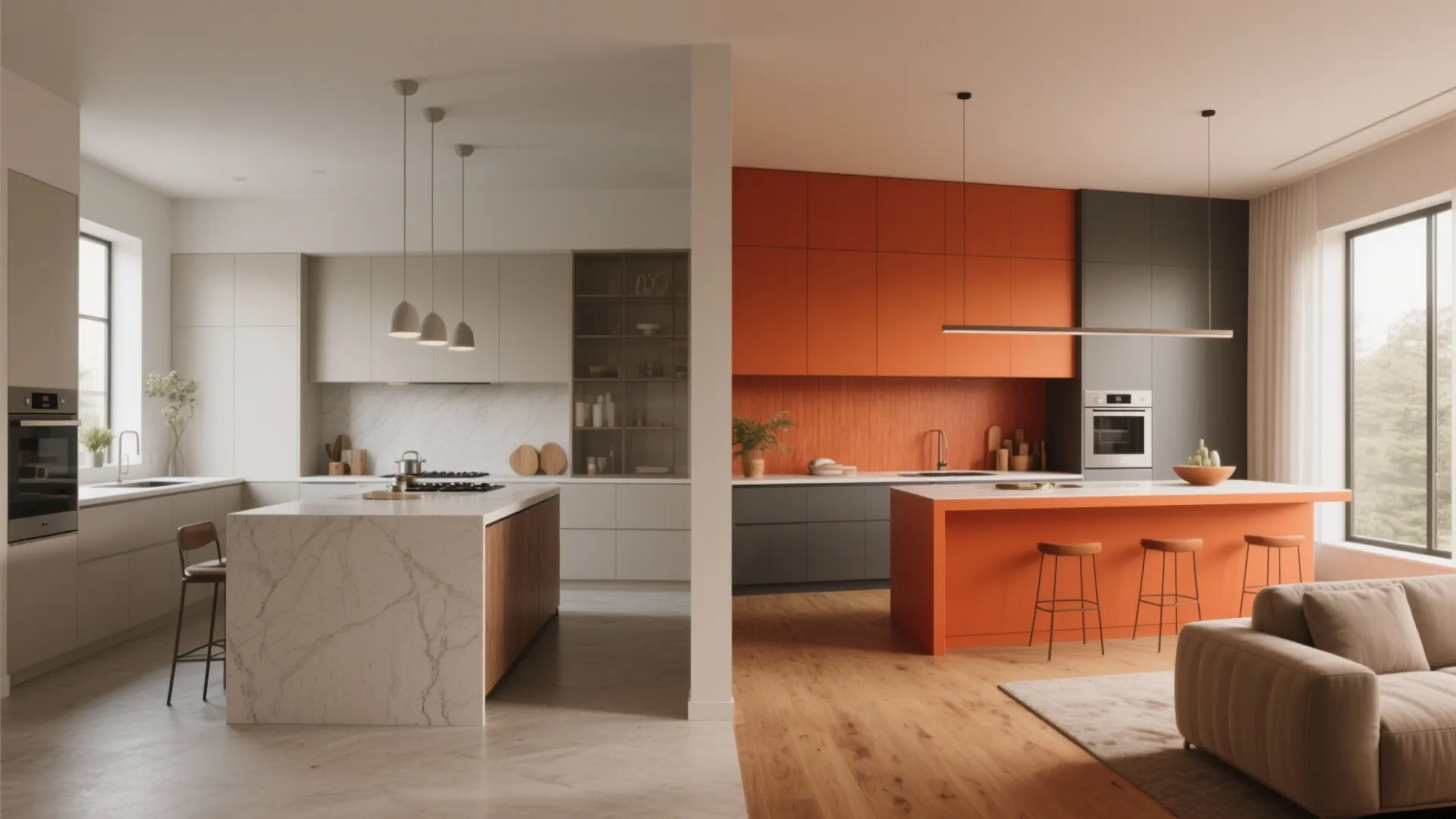 Before and after of an open-plan kitchen showing a bold terracotta island as a focal anchor.