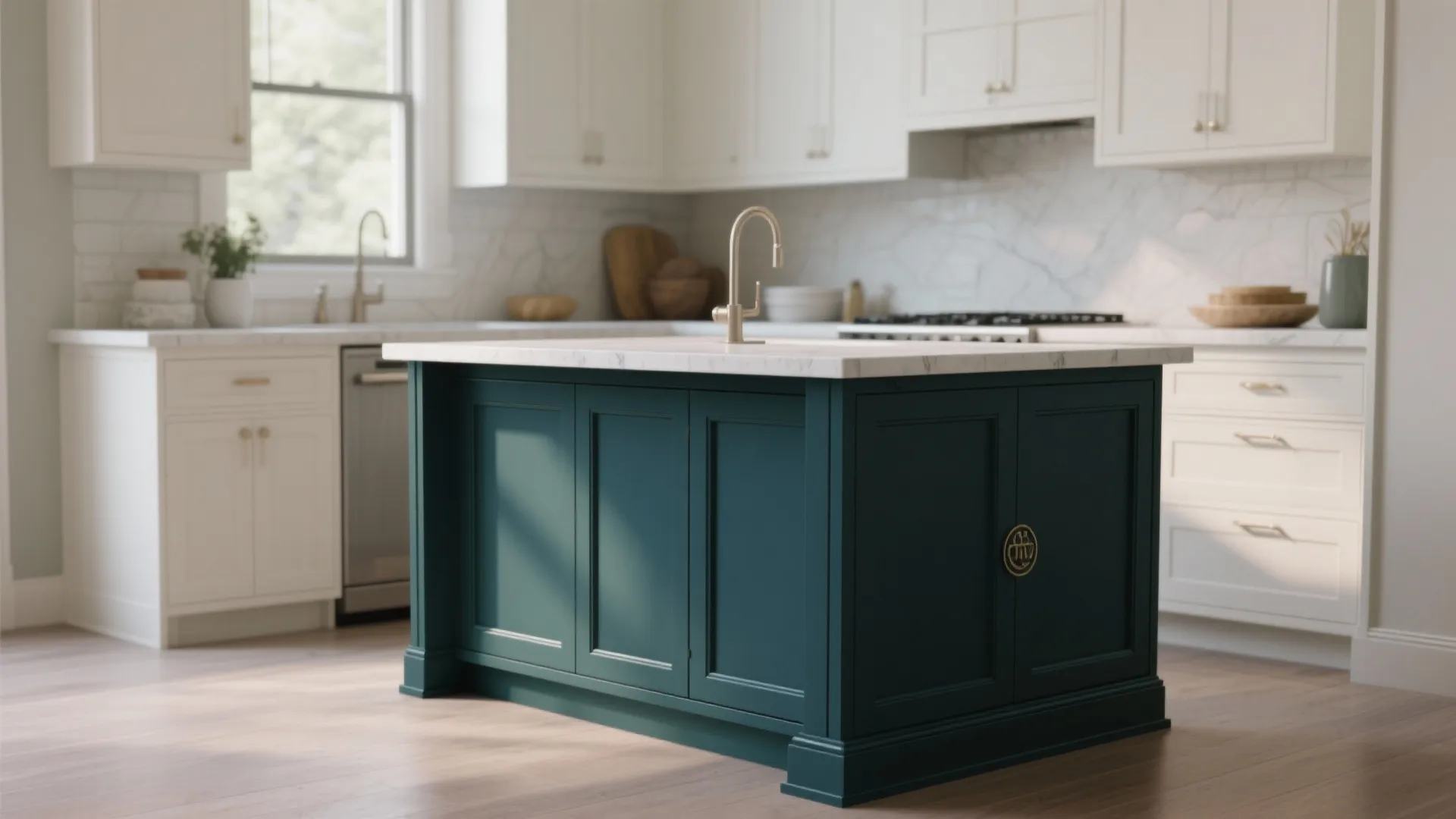 Modern white kitchen featuring a large teal island with white marble top and gold faucet