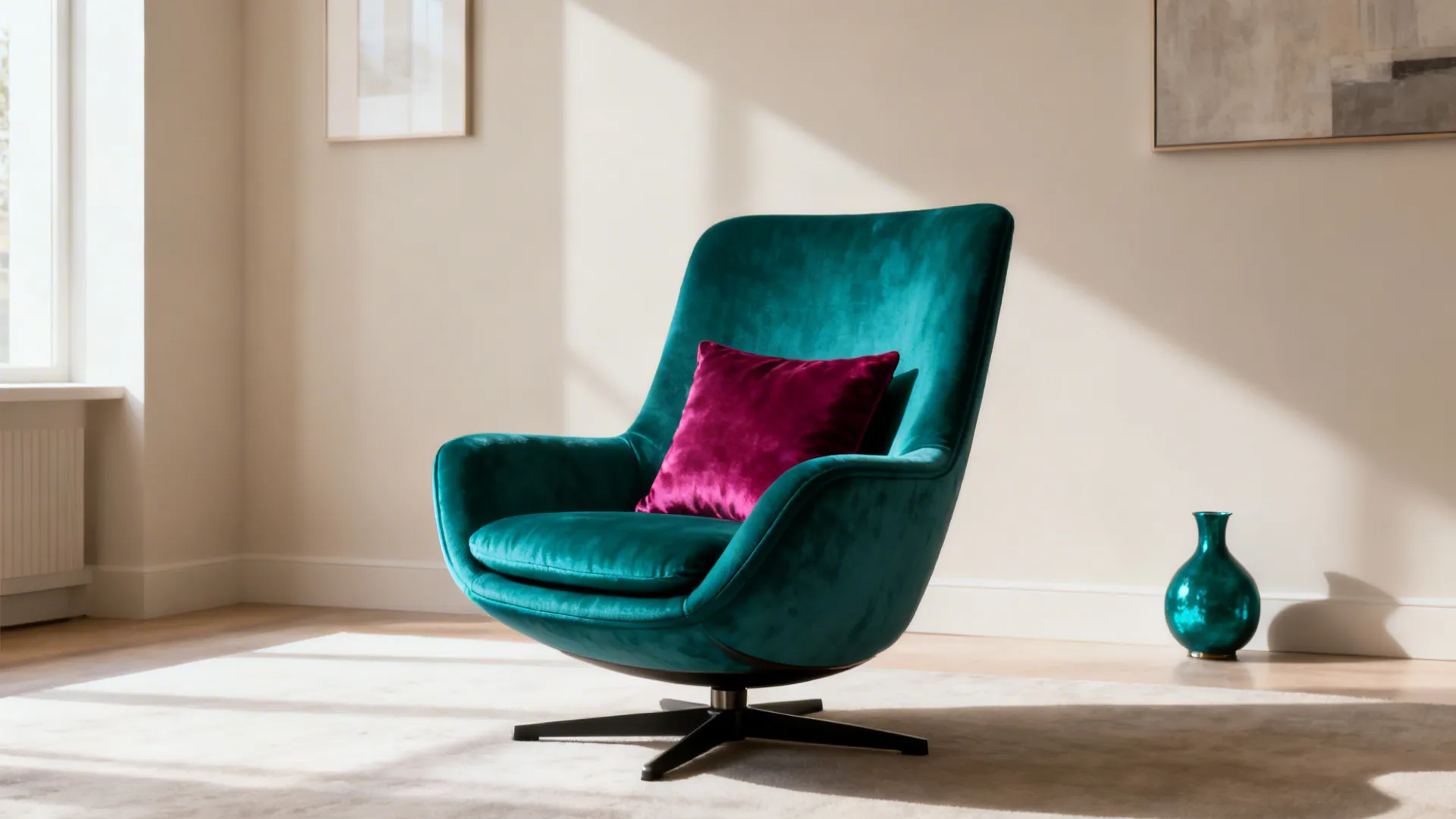 Teal swivel chair with purple pillow in a bright room with beige walls and floor