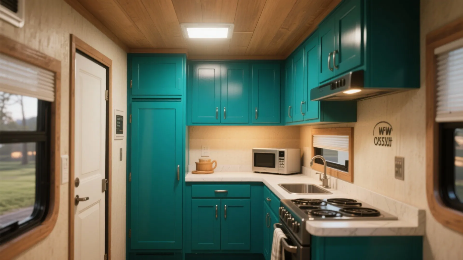 3. Treat the kitchen as a tiny stage — bold trim or cabinet color