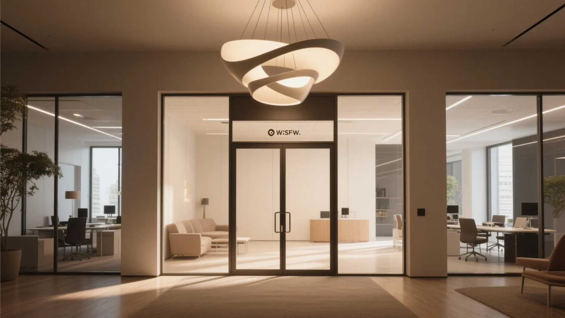 Modern office entry with sculptural pendant lighting